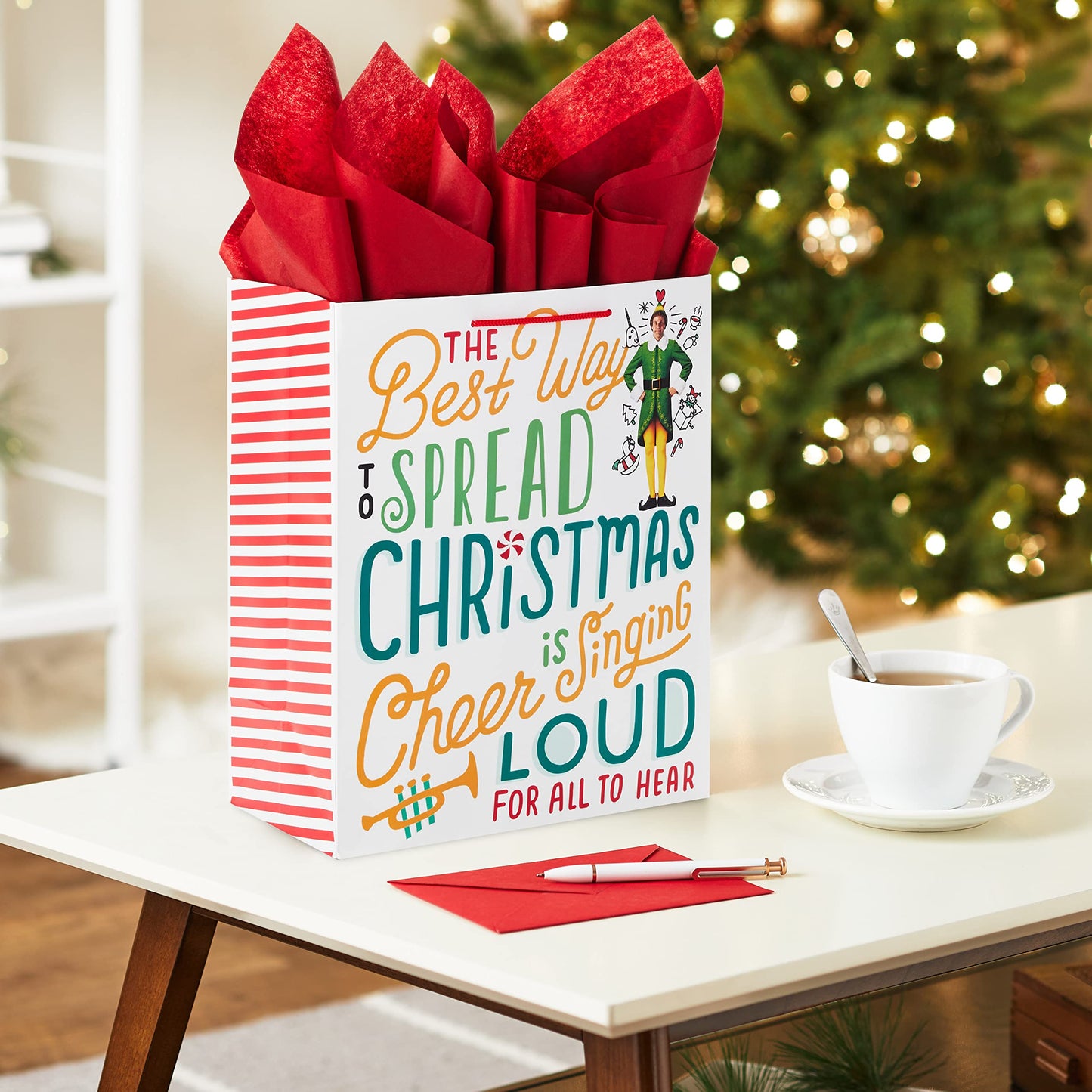 13" Large Elf Gift Bag with Tissue Paper (Movie Quote: "The Best Way to Spread Christmas Cheer…") for Kids, Grandchildren, Adults