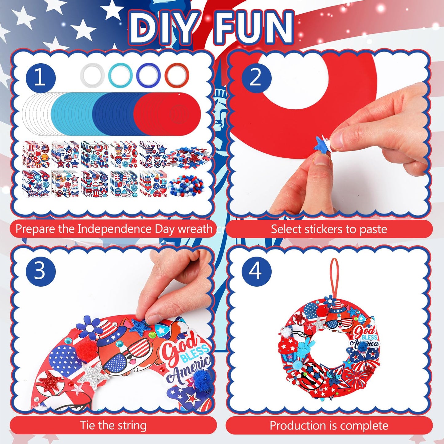 Hollowfly 48 Sets Patriotic Wreath Craft Kit DIY 4th of July Paper Crafts American Craft DIY Wreath Hanging Ornaments Decor for 250th Anniversary Memorial Independence Day Art Activity Home Supplies