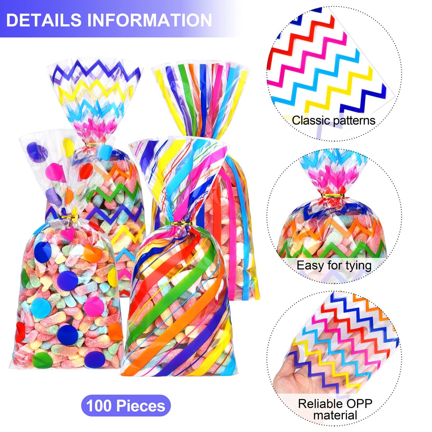 Aodaer 100 Pieces 10.6 x 5.1 In Rainbow Cellophane Bags Plastic Candy Gift Bags Cellophane Treat Bags with Twist Ties Stripes Polka Dot Printed Pattern Goodie Bags for Birthday Weddings Party Favors