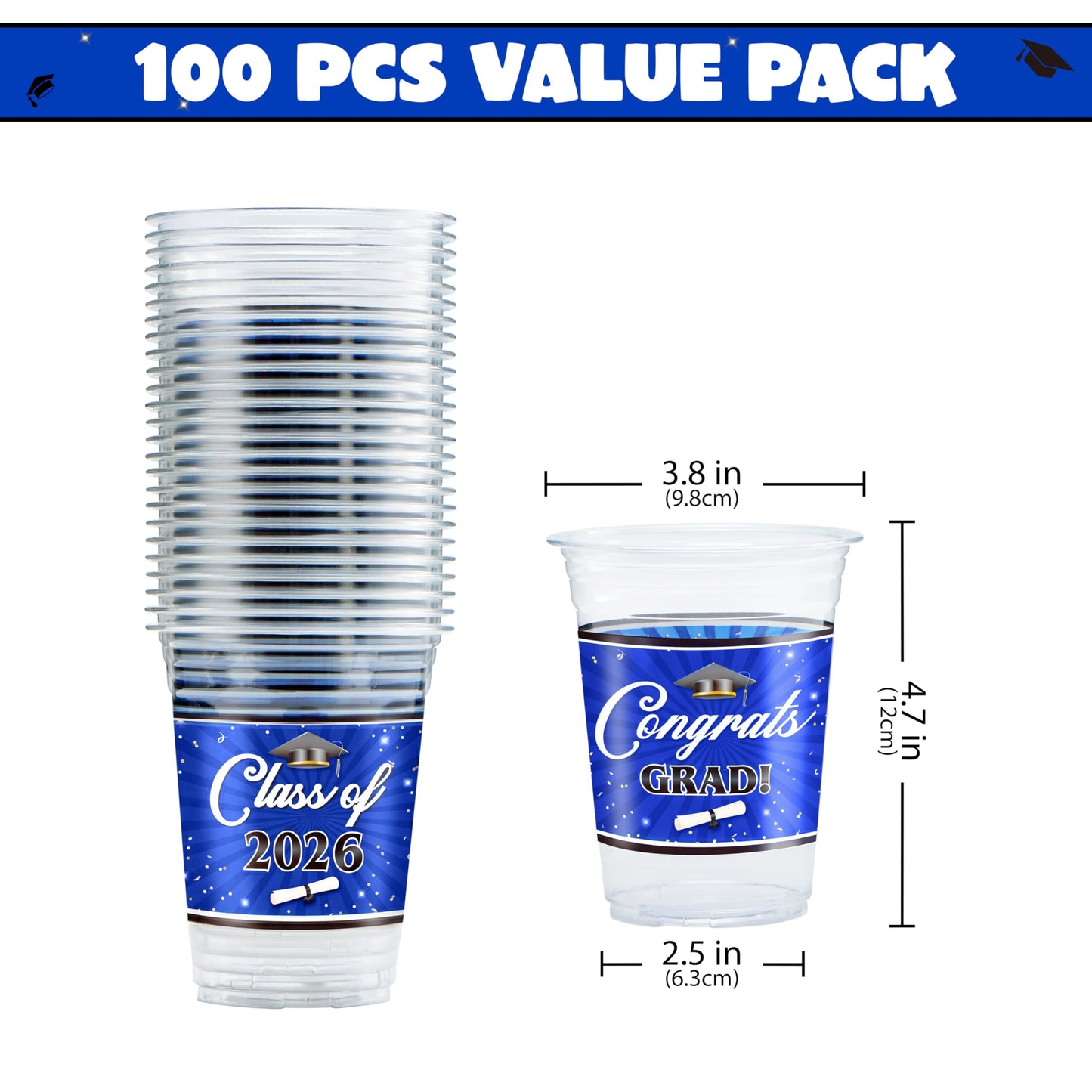 JOYIN 100 Pcs 16oz Graduation Party Plastic Cups (Blue), Grad Disposable Cups for Class of 2026 Graduates, PET Cup Tableware Bulk for 2026 High School College Graduation School Grad Party Supply Decor
