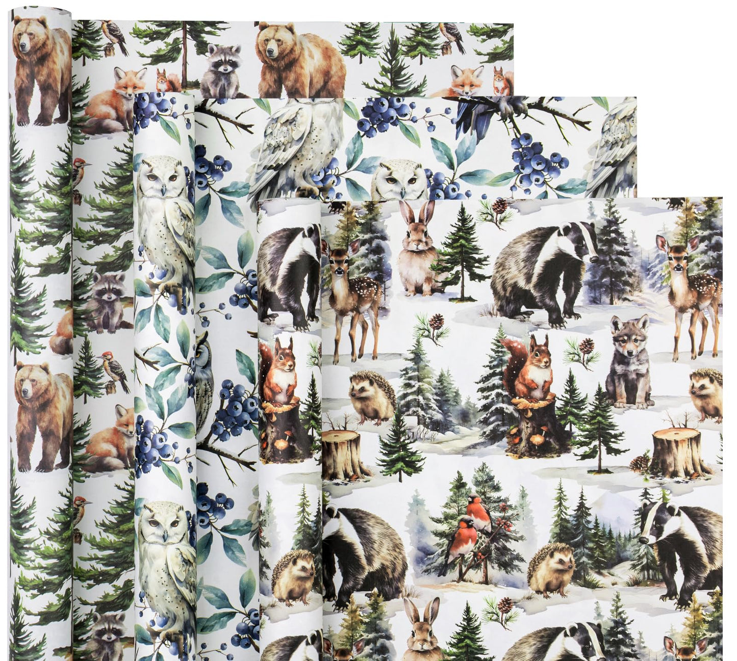 Kraft Christmas Wrapping Paper Roll - Mini Roll - 3 Rolls - 17 Inch x 120 Inch Per Roll - White Wild Animals Winterfall Watercolor Holiday Collection
