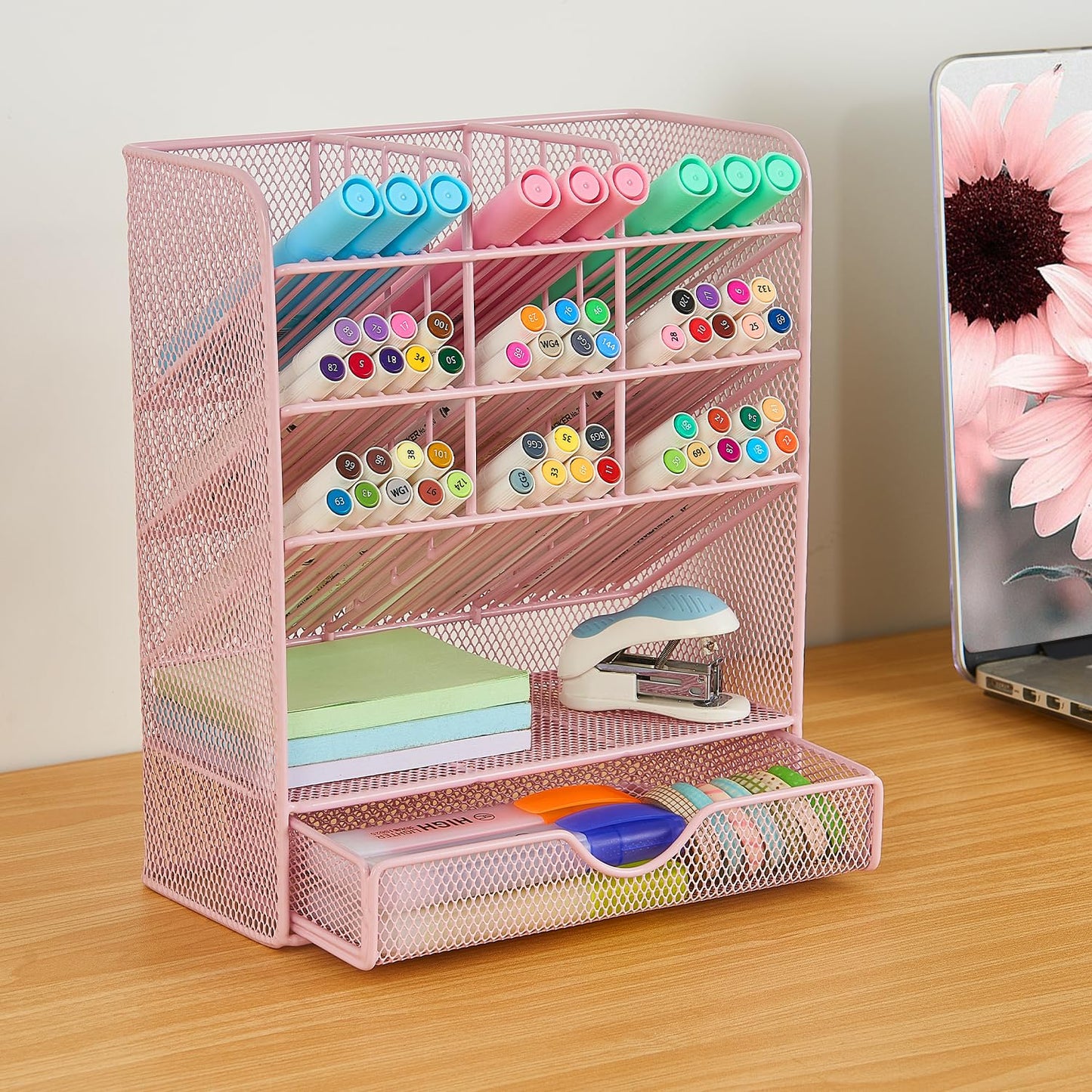 Spacrea Pen Holder Desk Organizer - Desk Organizers and Accessories, Pencil Holder with 10 Compartments and 1 Drawer(Pink)