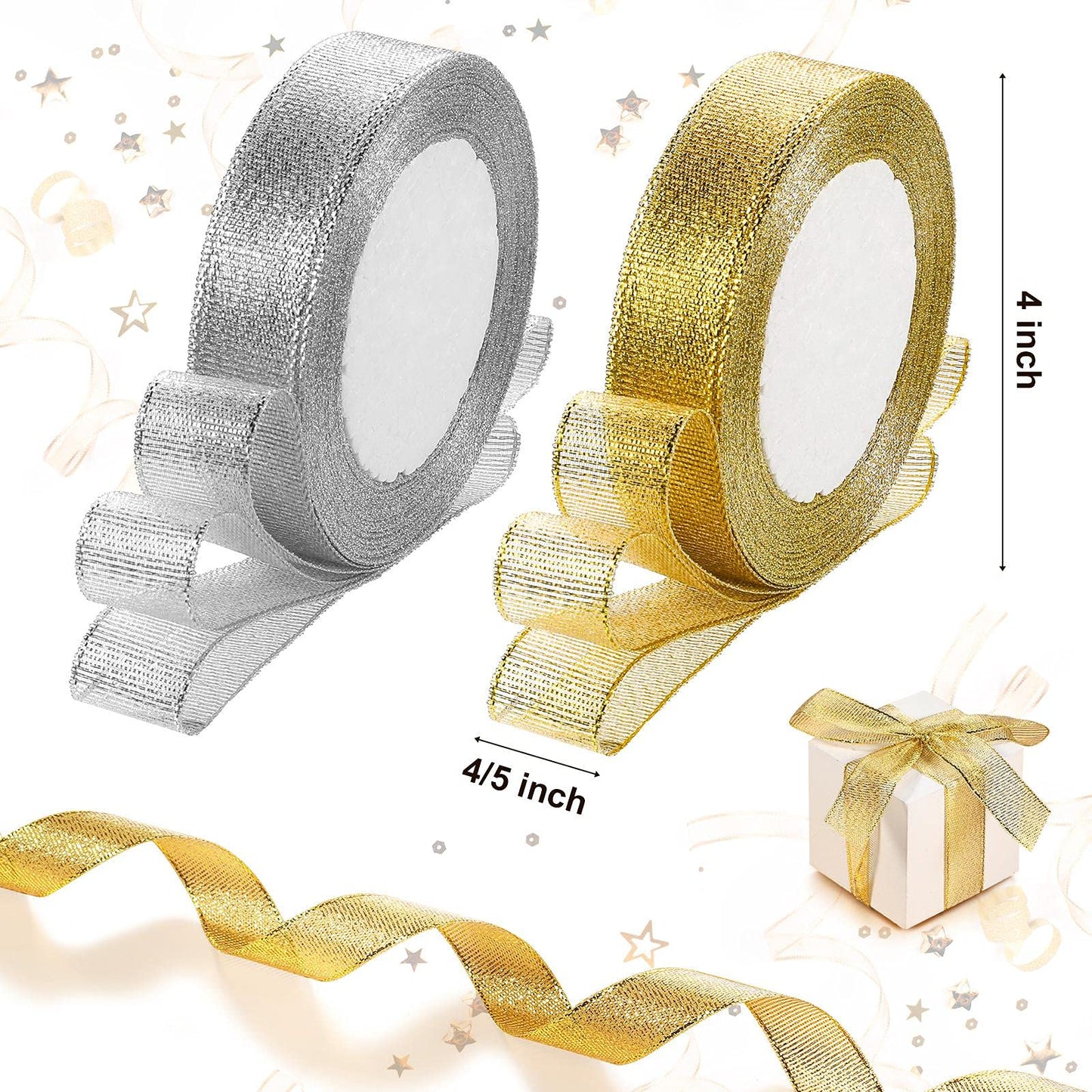3 Rolls 25 Yards 4/5 Inch Glitter Metallic Ribbons and 1 Roll 50 Yards 4/5 Inch Organza Ribbon Golden Silver Glitter Ribbon for Gift Wrapping Wedding Birthday Party Christmas Decoration