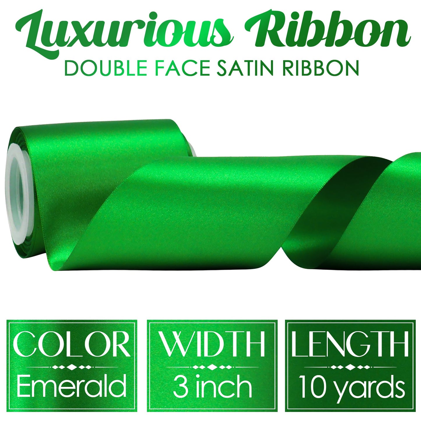 Emerald Green Satin Ribbon Lux Double Faced Satin Ribbon 3 Inch Wide Green Christmas Ribbons by 10 Yards Emerald Green Ribbons for Christmas Tree, Weddings, Flower Bouquet, Bow Making