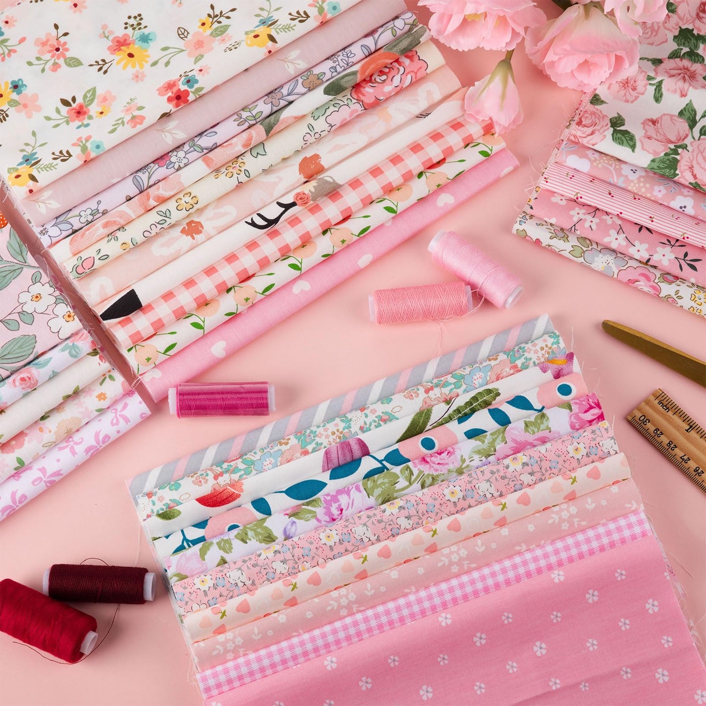Tatuo 30 Pcs 10 x 10 Inches Pink Floral Cotton Fabric Bundle Squares Patchwork Floral Fabric Sewing Quilting Bundles Assorted Pattern Cloth for DIY Scrapbook Craft Making