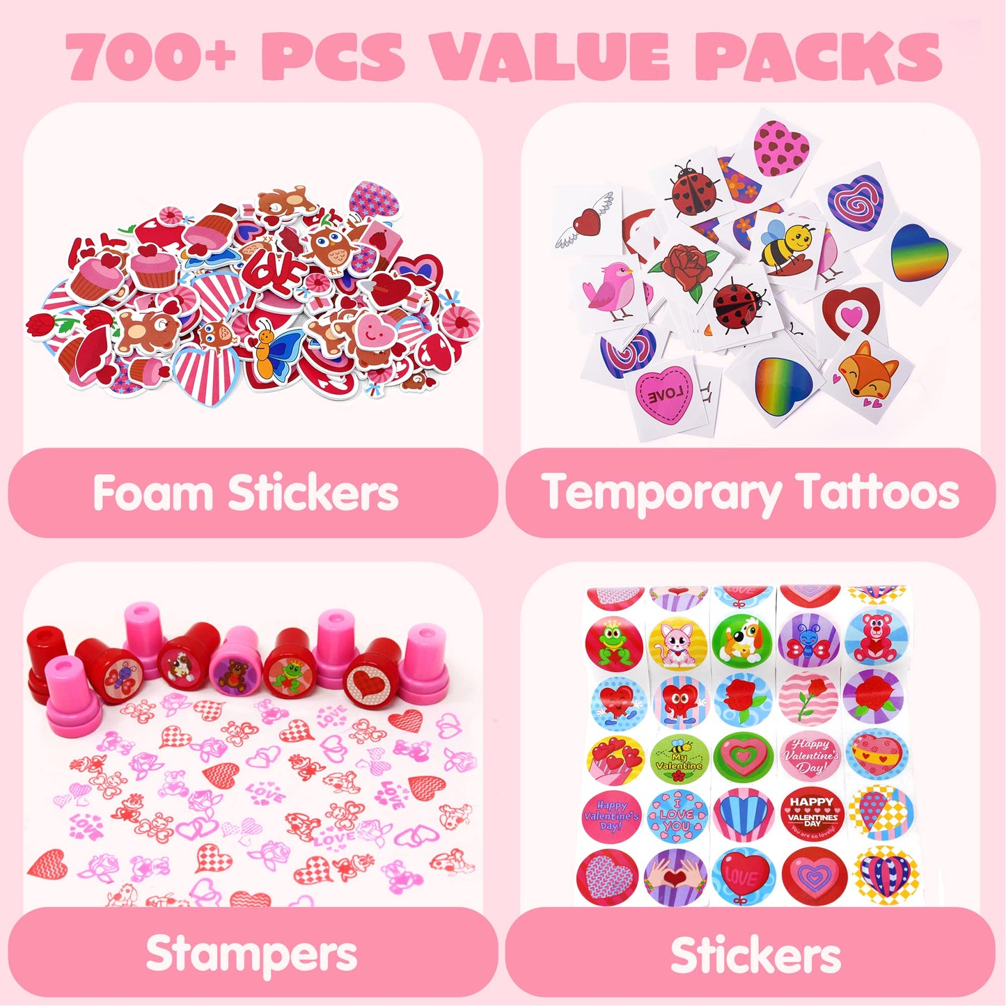 JOYIN 700+ Pcs Valentines Day Stickers, Stampers & Tattoos Party Favor Supplies Craft Set, Foam Stickers for Kid Decorations, Photo Props, School Classroom Holiday Exchange Game Prizes, Art Craft