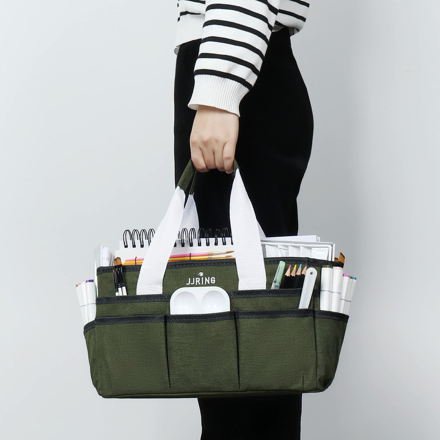 JJRING Craft Organizer Tote Bag, Art Storage Caddy with Multiple Pockets, Sap Green Sewing Bag for Art, Craft, Scrapbooking, Medical, and Office Supplies Storage