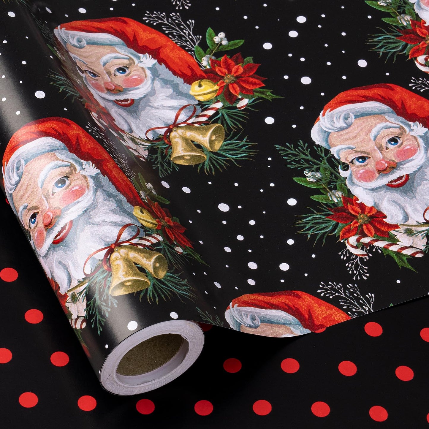 Christmas Reversible Wrapping Paper Roll for Women Men, Mini Roll, Vintage Santa Claus and Red Polka Dot Design, Black Gift Wrap for Christmas Party, Holiday Gifts, 17 Inches x 32.8 Feet