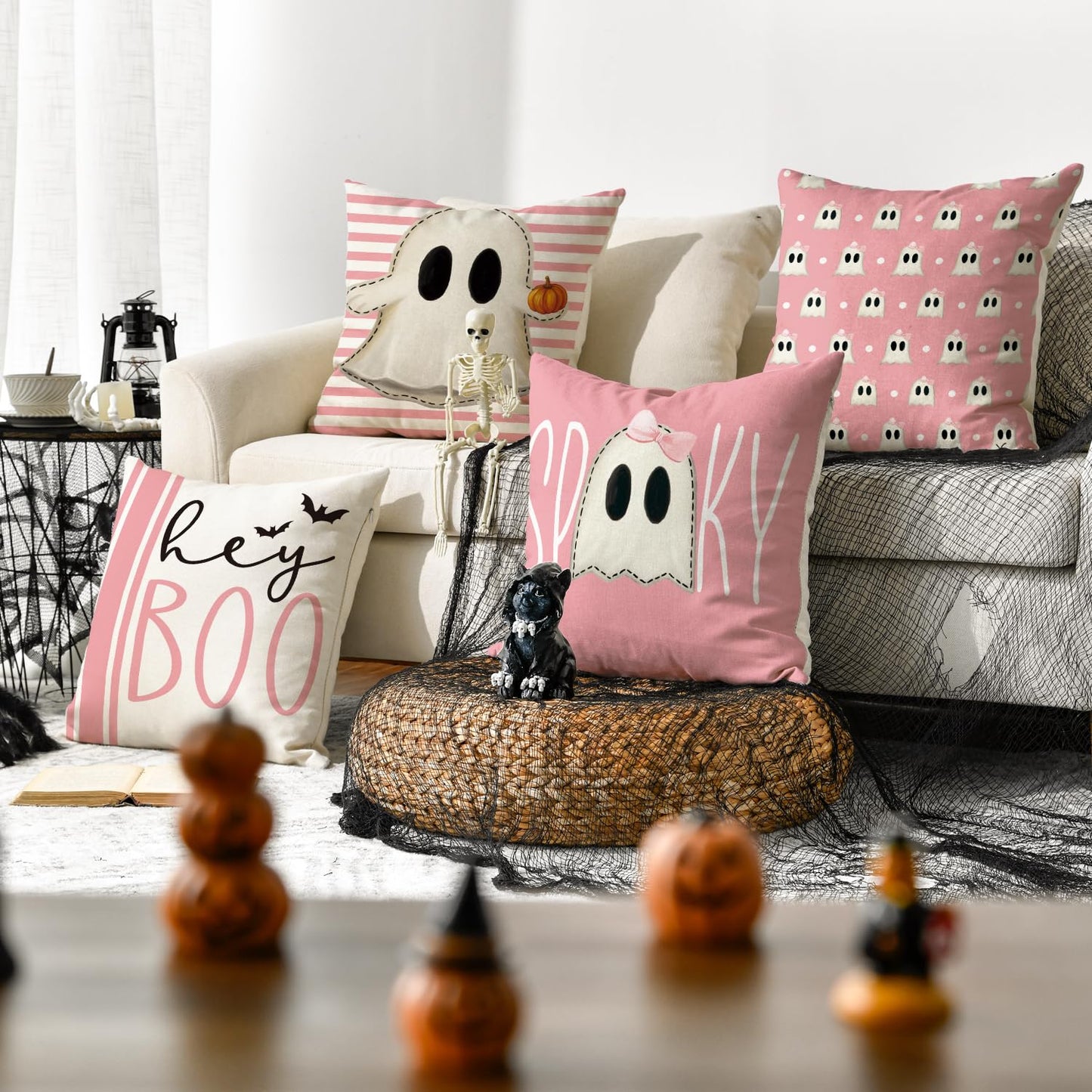 AVOIN colorlife Halloween Hey Boo Cute Ghost Spooky Pink Throw Pillow Covers, 18 x 18 Inch Horror Scary Cushion Case for Sofa Couch Set of 4