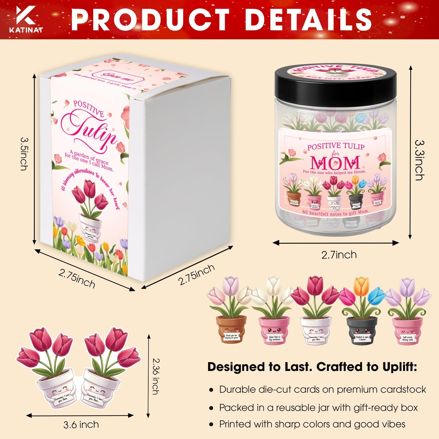 Positive Tulip Jar for Mom – 60 Thoughtful Emotional Support Tulips, Cute Birthday Mothers Day Gifts for Mom Step Mom from Daughter Son, Easter Basket Stuffers for Mom, Step Mom, Mother in Law, Wife