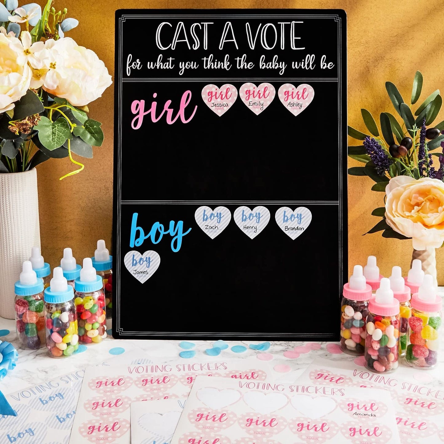 Juvale Baby Shower Decorations Gender Reveal Voting Board & Boy or Girl Guessing Board - Black Chalkboard 12 x 17 in - Baby Shower Game with 144 Pink & Blue Heart Voting Stickers