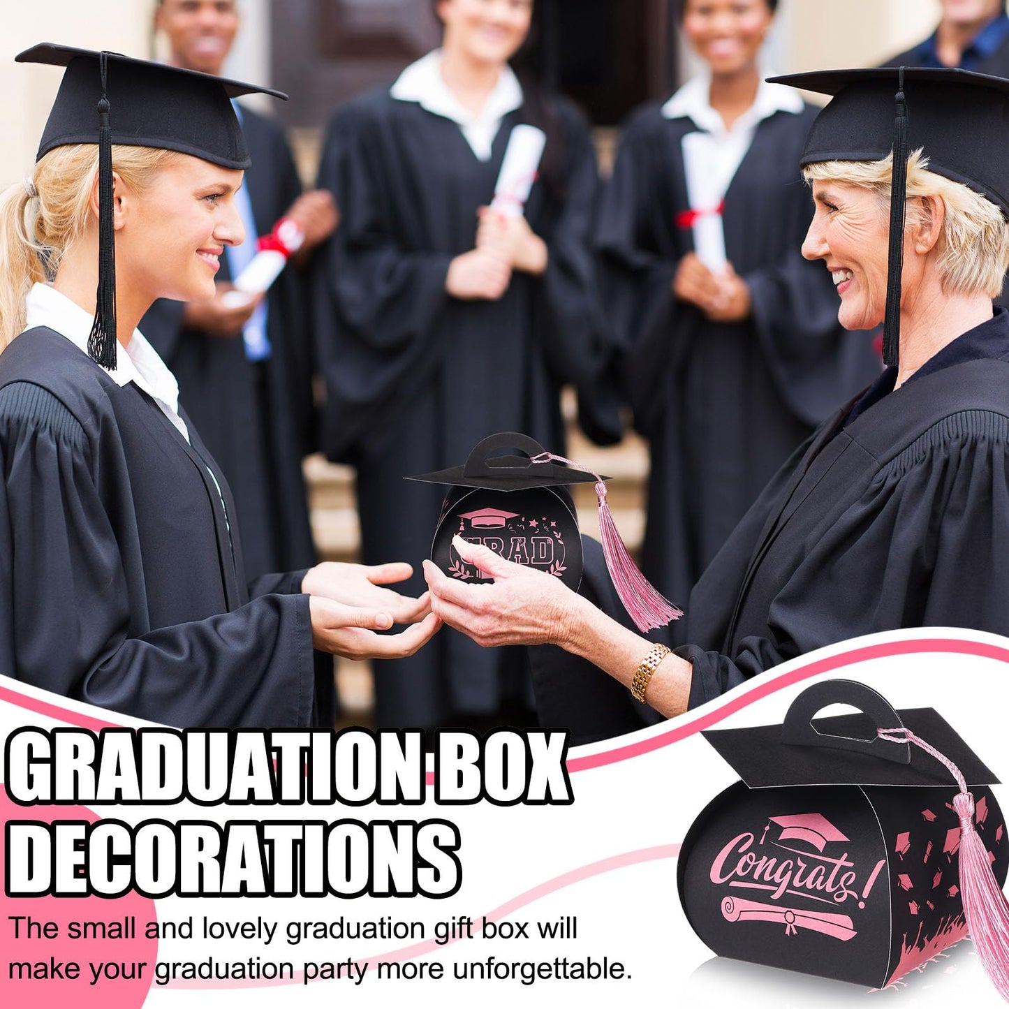 TaoBary 30 Pcs Graduation Cap Gift Boxes Graduation Decorations Class of 2026 Candy Box with Tassel for 2026 Grad Party Favors Supplies(Black, Pink)