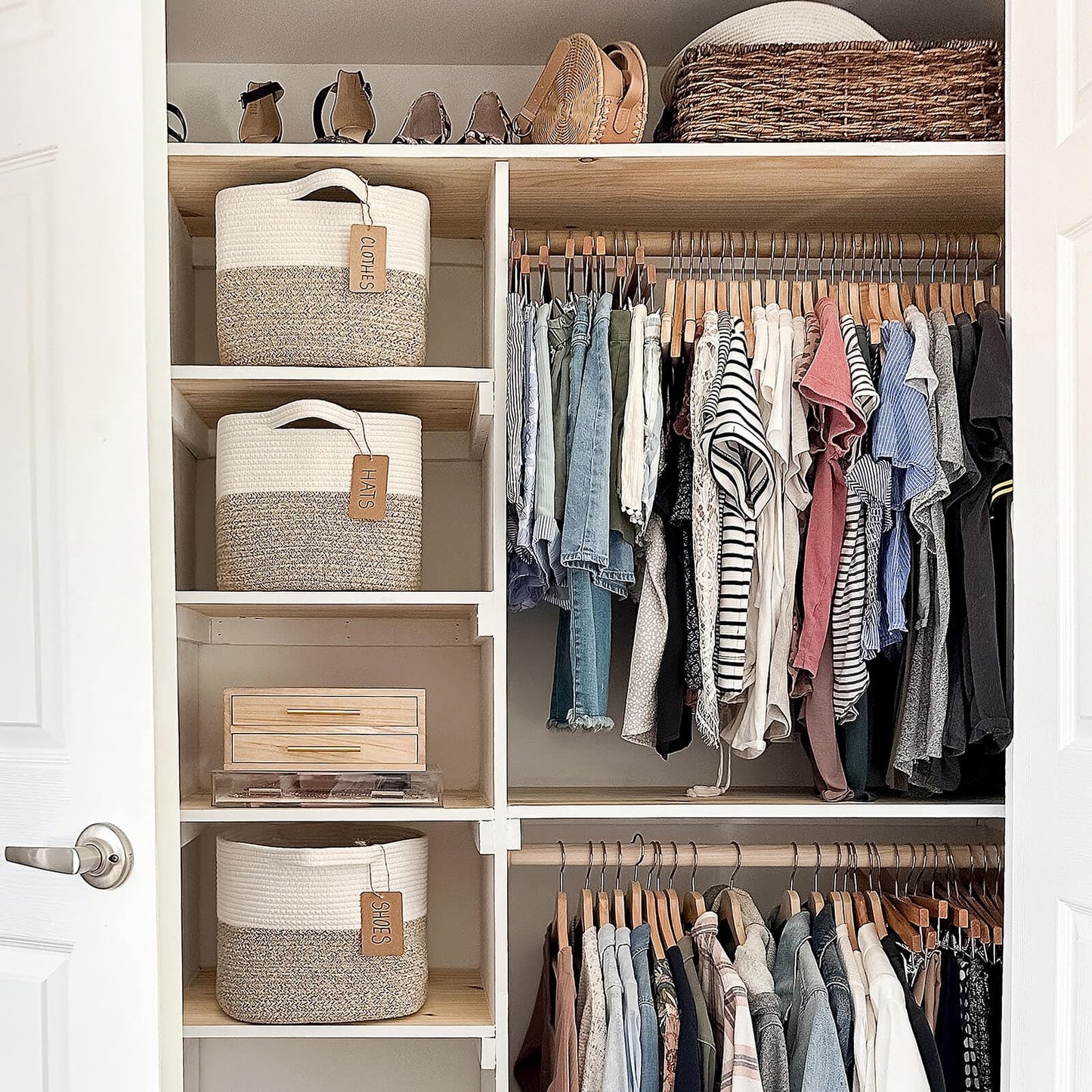 Goodpick Woven Storage Basket for Shelves, Cotton Rope Dog Toy Bin, Empty Gift Basket with Handles, Square Baskets for Storage, Brown and White Storage Bin, 13 x 10 x 9 Inches