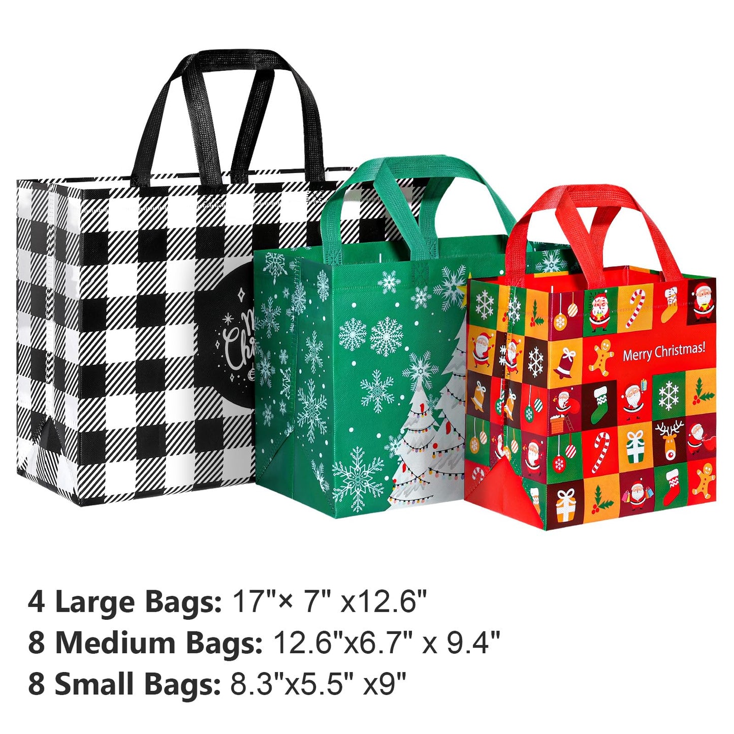 20 Pack Christmas Gift Bags Assorted Sizes, Reusable Tote Bags with Handle, Includes 4 Large 8 Medium 8 Small Non-Woven Christmas Bags for Xmas Party Favors