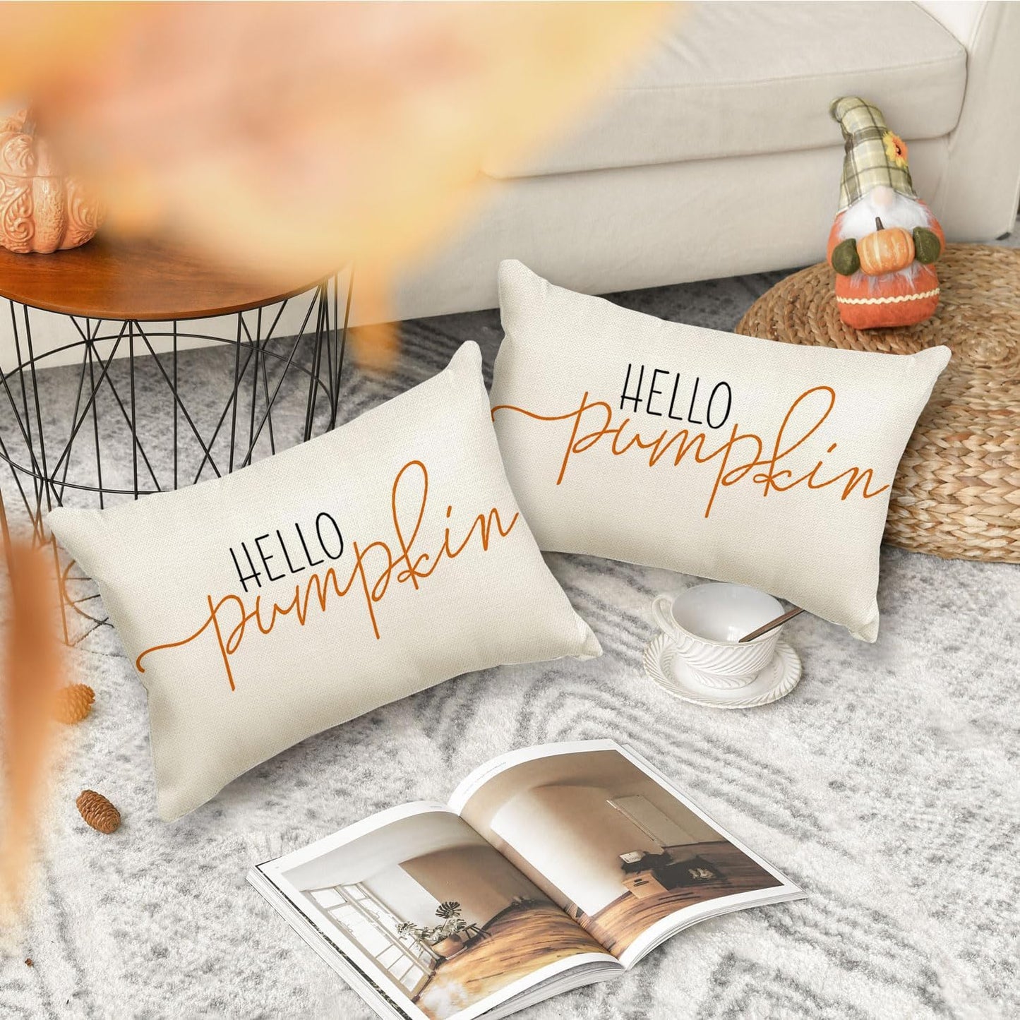 Fall Pillow Covers 12x20 Inch,Autumn Hello Pumpkin Pillows Decorative Throw Pillows,Lumbar Outdoor Thanksgiving Cushion Cover Farmhosue Fall Decor for Bedroom Couch Sofa White