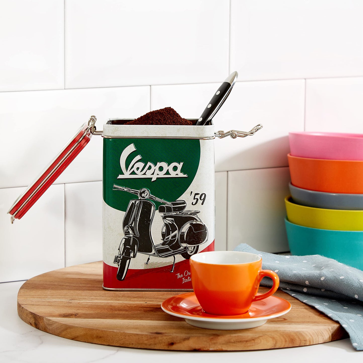 Nostalgic-Art Retro coffee tin box, 44 oz, Vespa – The Italian Classic – Gift idea for scooter fans, Official License Product (OLP), metal clip top can, vintage design