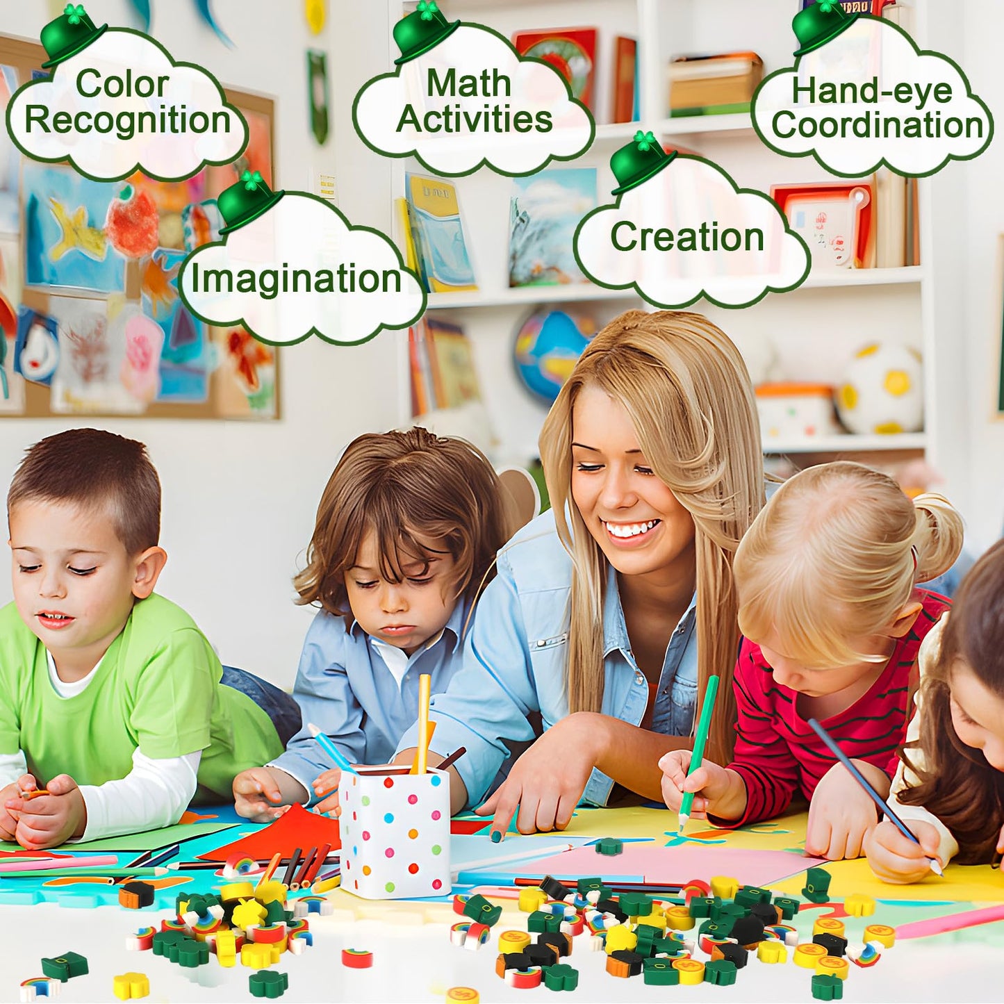 Erasers for Kids, 150Pcs St. Patrick's Mini Erasers Cute Pencil Erasers Shamrocks Erasers for Kids Bulk School Classroom Prizes Homework Rewards Party Favors