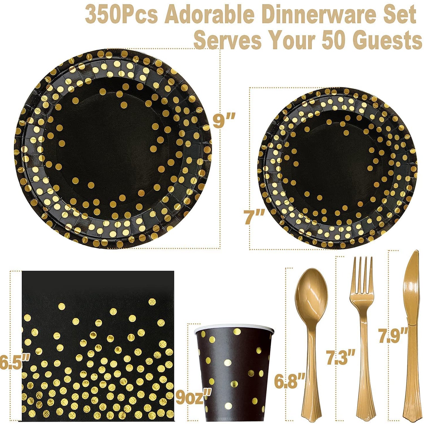 AIRE 350PCS Black Gold Paper Plates Party Supplies Dinnerware Sets for 50 Guests, Disposable Paper Party Plates, Dessert Plates, Cups, Napkins, Plastic Spoons, Forks, Knives for Wedding Birthday