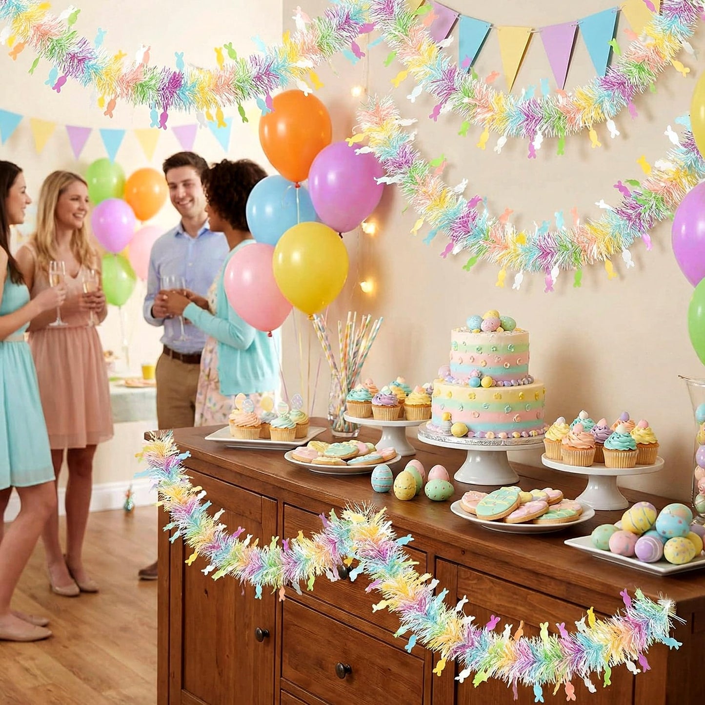 3 Pieces 49 ft Easter Tinsel Garland Decorations Pastel Pink Blue Yellow Metallic Festooning Garland Glittering Sparkling for Easter Party Spring Festival Indoor Outdoor Hanging Decor Holiday