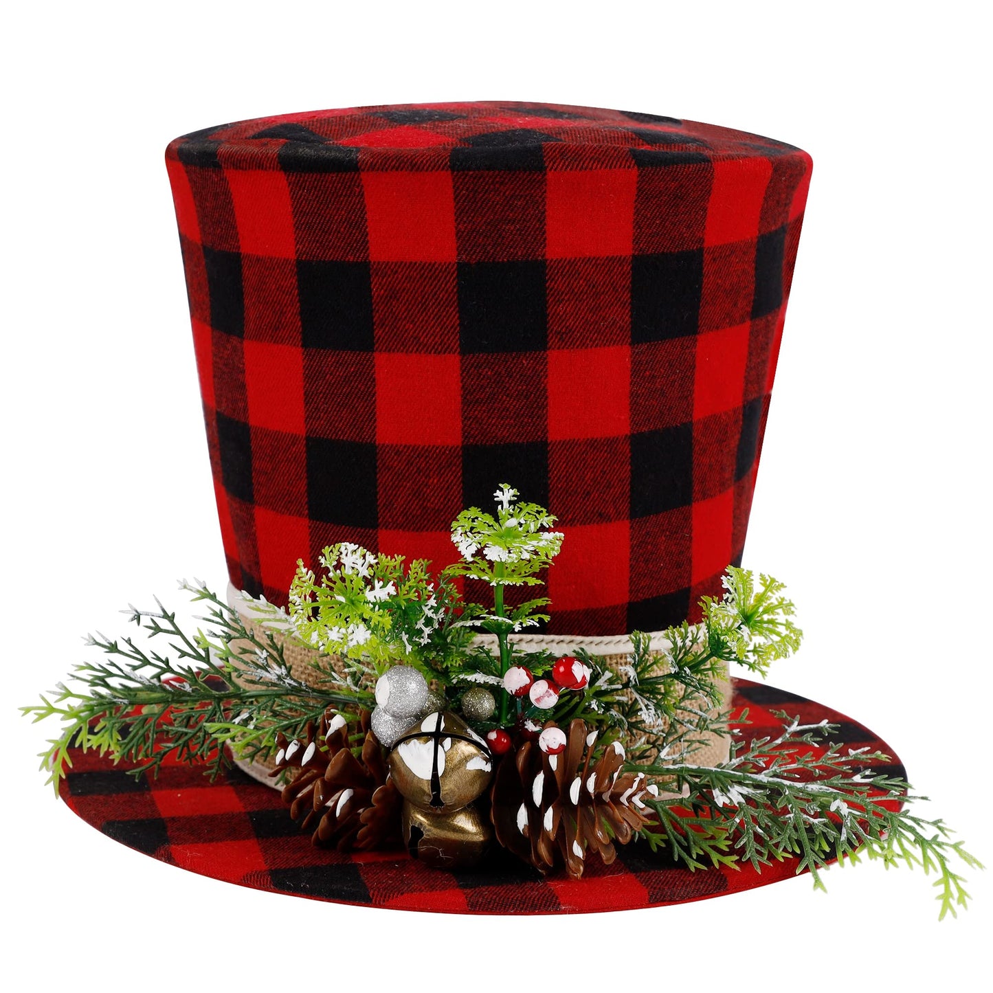 Prsildan Christmas Plaid Top Hat Tree Topper with Pine Cones, Berries, and Bells - Holiday Decor