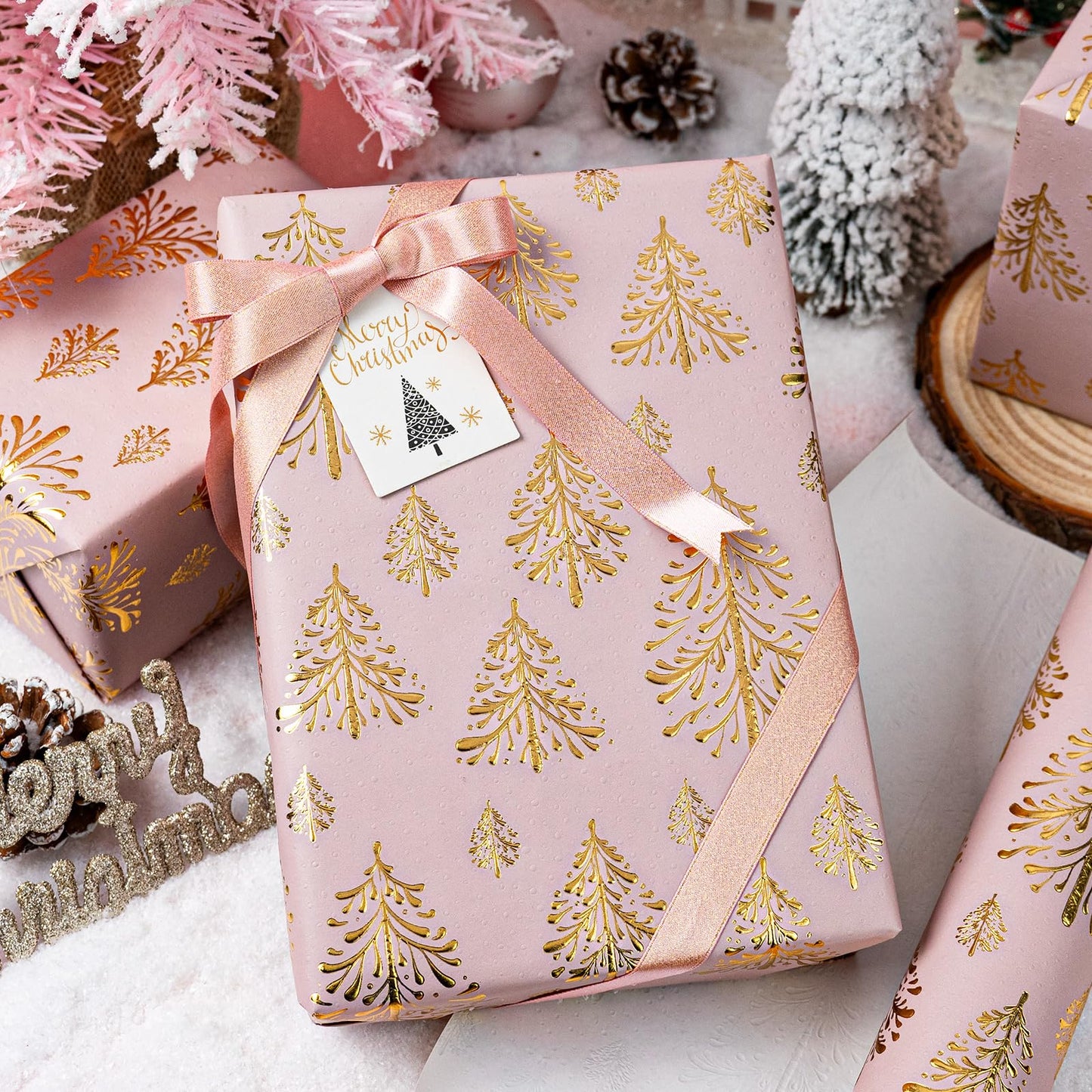 Kraft Christmas Wrapping Paper-Pink 3D Embossed Gold Foil Christmas Pine Tree with Woodlands for Chrsitmas, Holiday, Party,Celebration (17 Inch X 32.8 Feet)