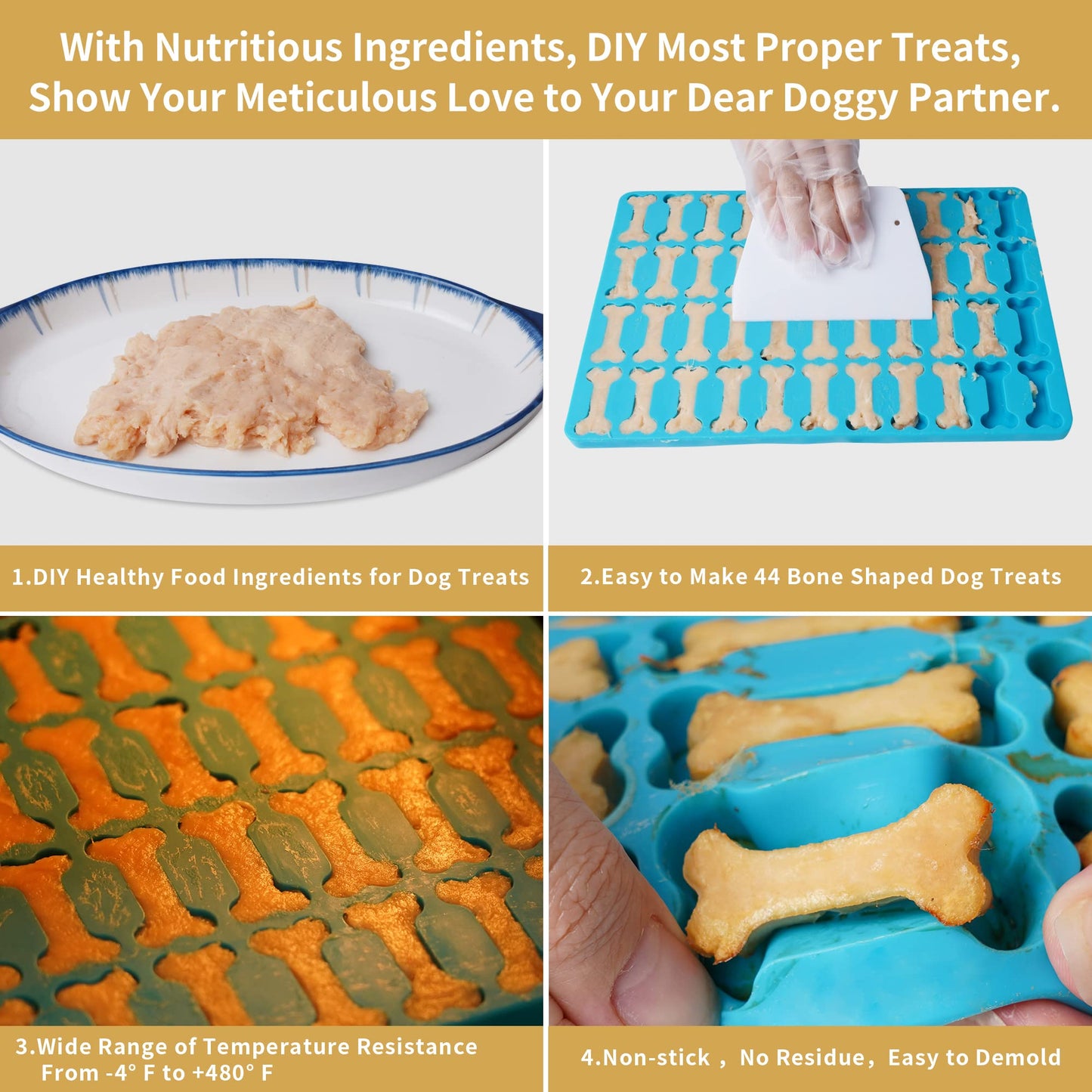 Amyandone Dog Bone Silicone Molds, 44 Cavities Small Dog Bone Shaped Pet Treat Mold for Baking and Freezing Dog Food/Snacks/Biscuits/Candy/Chocolate for Medium and Large Dogs (with a Scraper)
