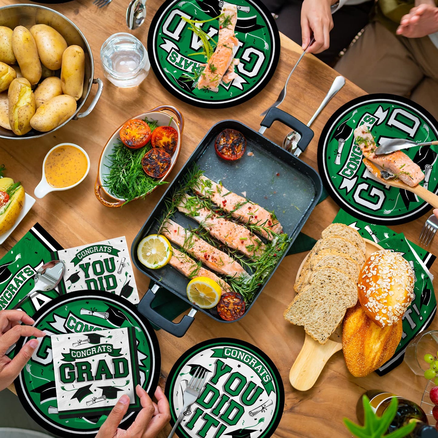 Gatherfun Graduation Party Supplies Dinnerware Set green Disposable dinner paper plates dessert paper plates and Napkins for Congrats Grad Party Decorations, Serve 50