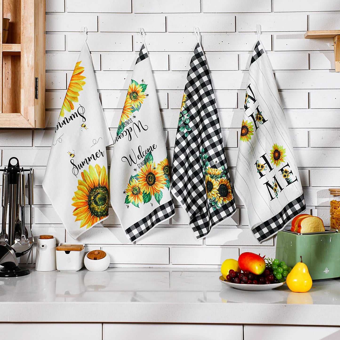 Bencailor 4 Pcs Sunflower Kitchen Towels Spring Summer Gifts Sunflower Floral Hand Dish Towels Absorbent Sunshine Yellow Grid Fast Drying Decor Housewarming Gift for Cooking Bathroom Kitchen Decor