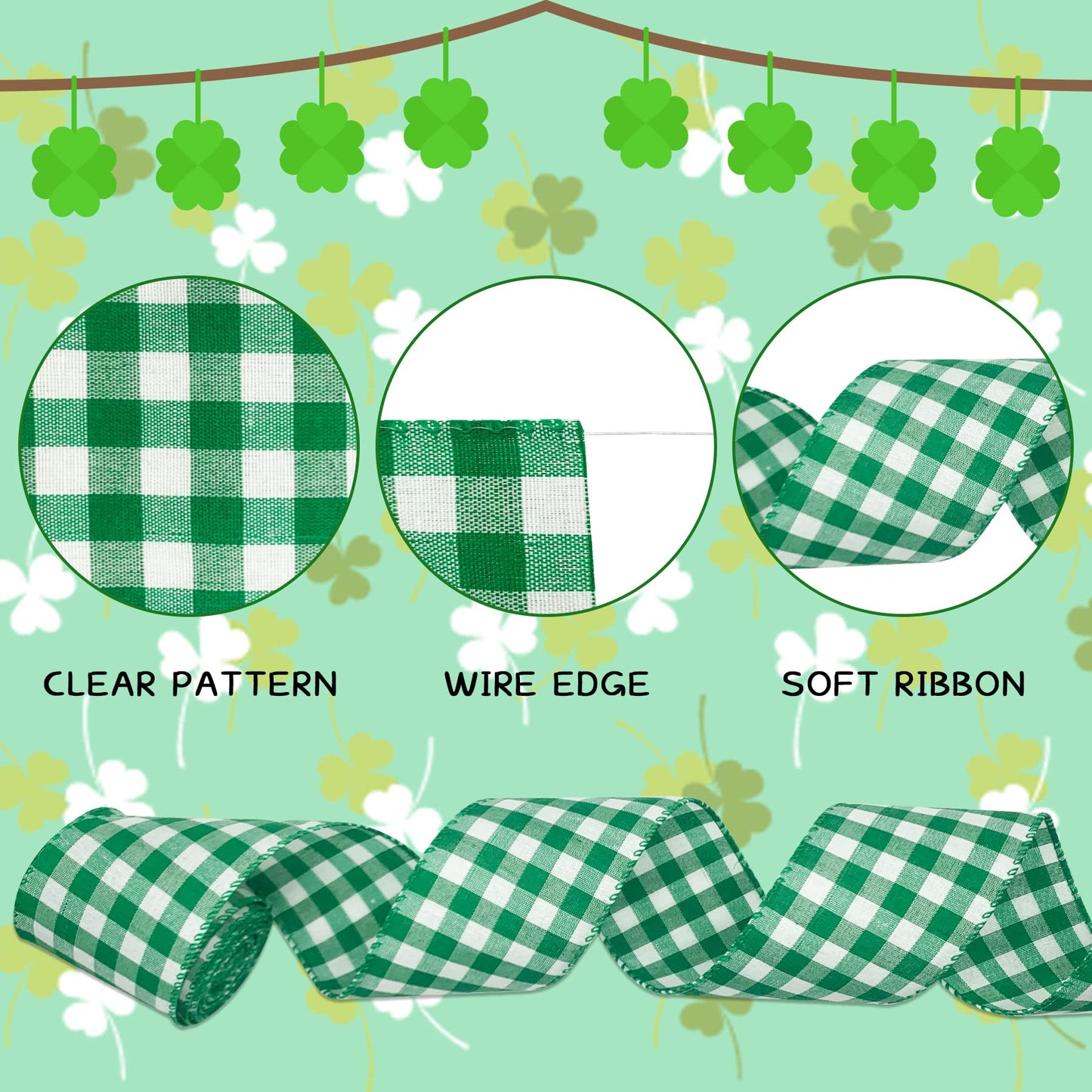 2 Rolls Buffalo Plaid Wired Edge Ribbons 2.5 Inch Wide St Patrick's Day Green Fabric Ribbons Irish Festival Burlap Ribbons for Gift Wrapping Wreath Party Decoration DIY Craft Supplies, 12 Yards