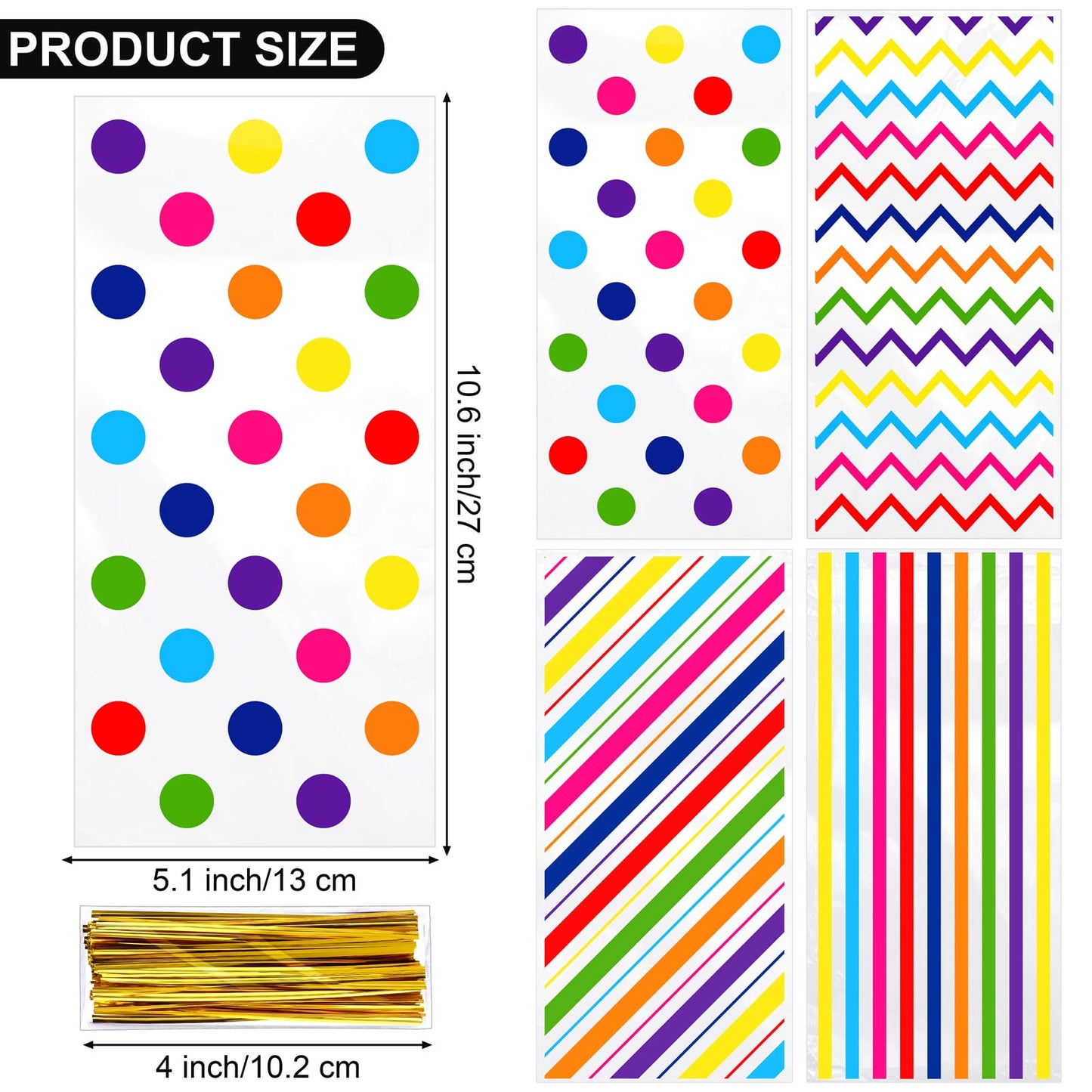 Aodaer 100 Pieces 10.6 x 5.1 In Rainbow Cellophane Bags Plastic Candy Gift Bags Cellophane Treat Bags with Twist Ties Stripes Polka Dot Printed Pattern Goodie Bags for Birthday Weddings Party Favors