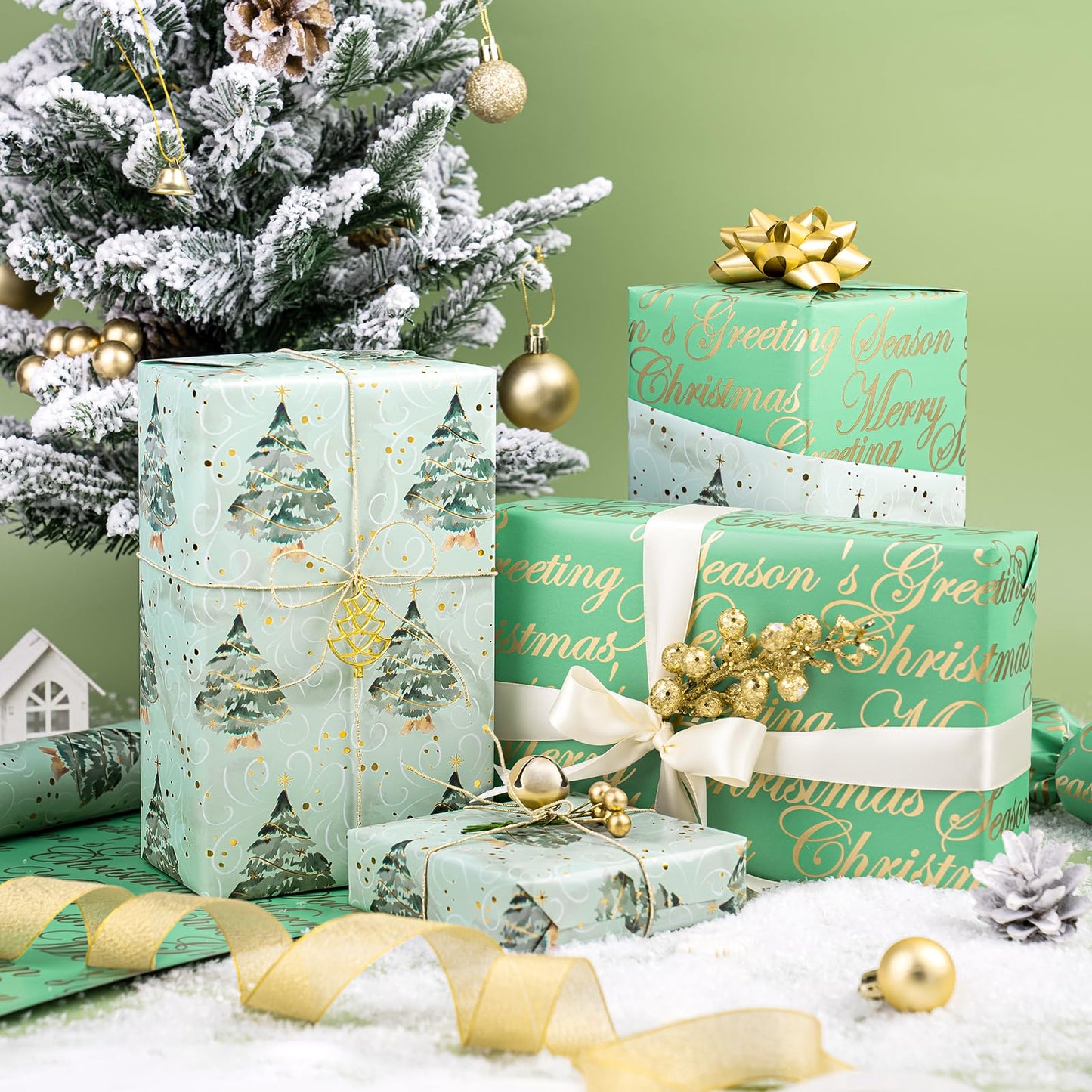 Reversible Green Christmas Wrapping Paper - Mini Roll - 17 Inch x 33 Feet - Watercolor Green Christmas Tree Wrapping Paper with Metallic Foil Shine for Holiday, Party, Celebration