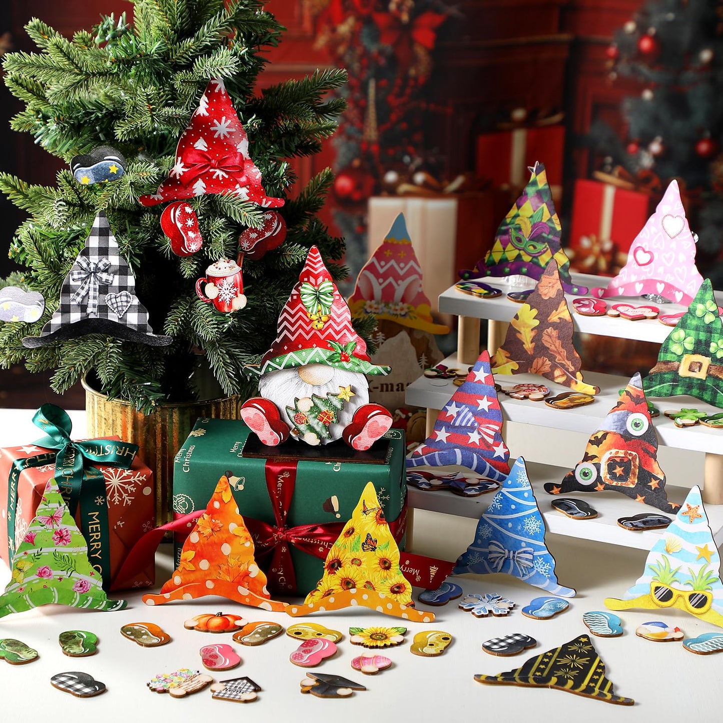 34 Pcs Christmas Interchangeable Wooden Gnome Decor DIY Holiday Christmas Seasonal Tiered Tray Decoration Gnomes with Magnet Pieces Welcome Sign for Xmas Holiday Decorations (Vivid)