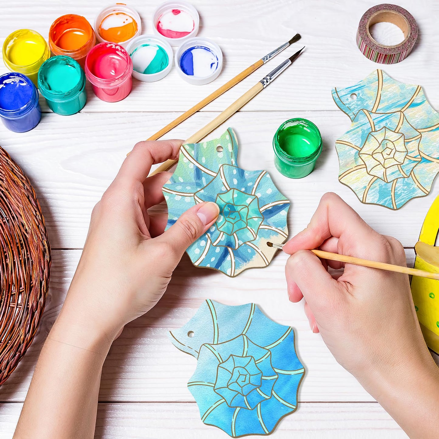 Wooden Shell Ornaments to Paint Mothers Day Decoration Cutouts Unfinished 24PCS 3.5 x 3 inches, DIY Blank Wood Ornament for Home Crafts Hanging Children's Day Mother's Day Birthday Party Decoration