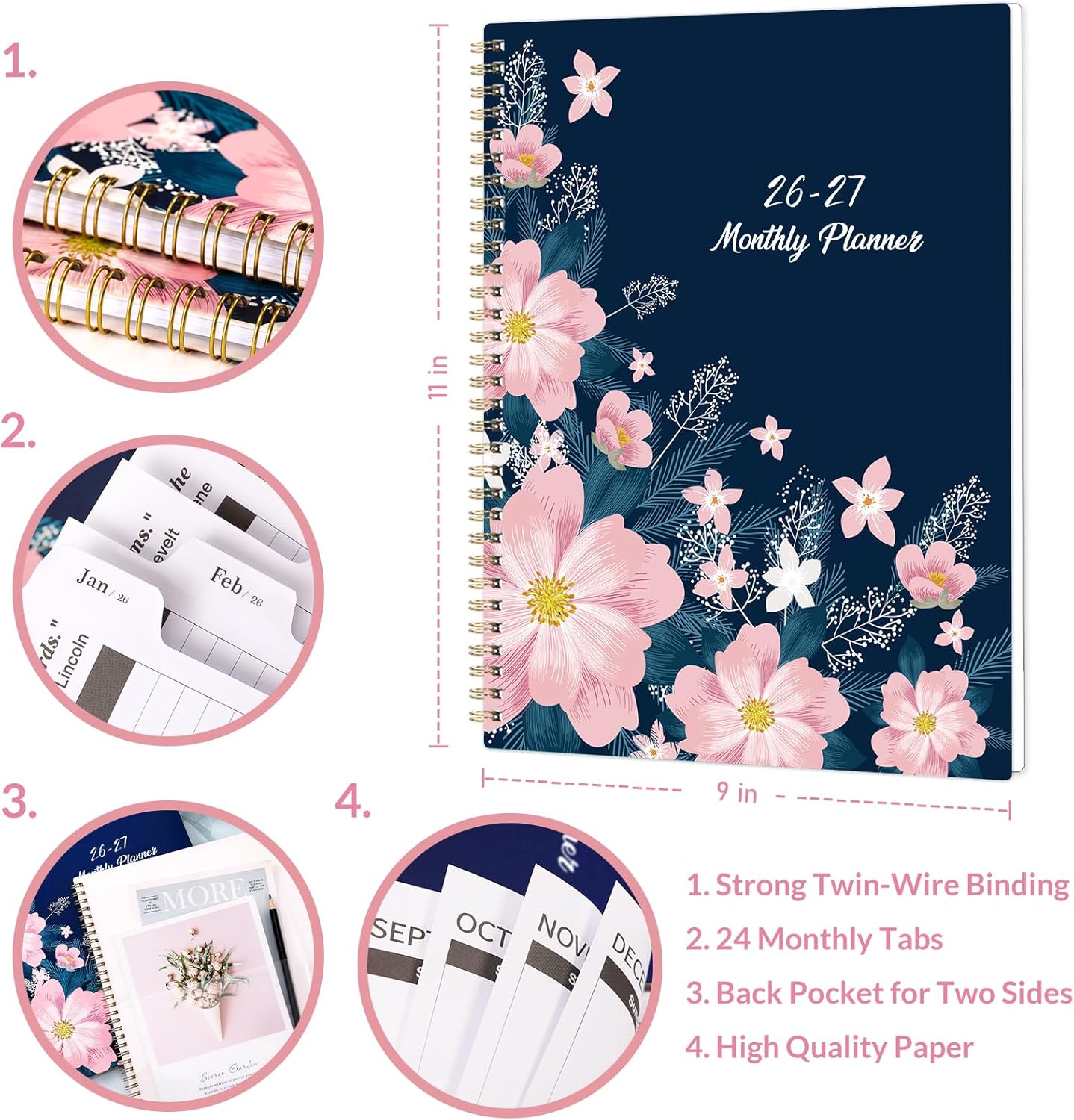 2026-2027 Monthly Planner/Calendar - Jan. 2026 - Dec. 2027, 9" x 11" Planner 2026-2027, 2-Size Pocket, Monthly Tabs, Premium Paper