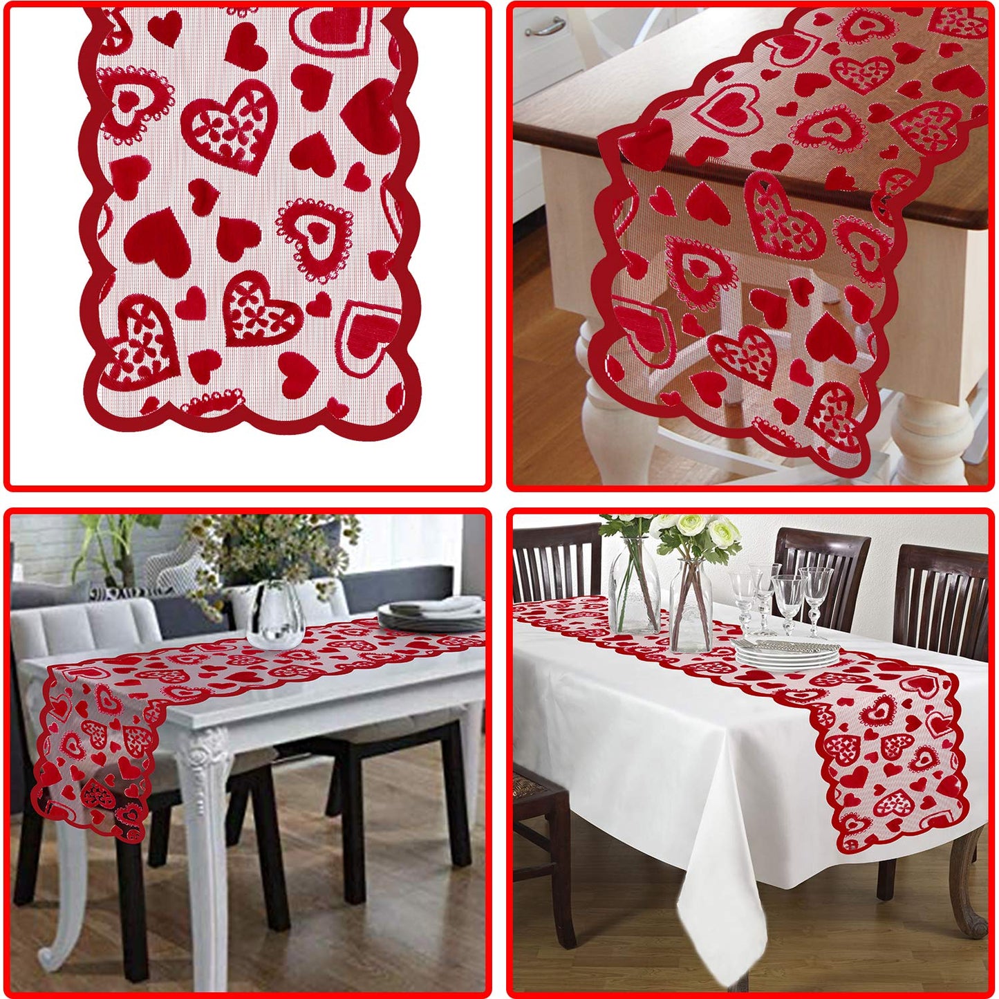 Valentines Day Decor Table Runner - 13 x 72 Inch Red Lace Table Runner for Wedding Party, Valentines Decorations - Valentines Day Decor Home Romantic Decorations Heart Shaped Table Runner