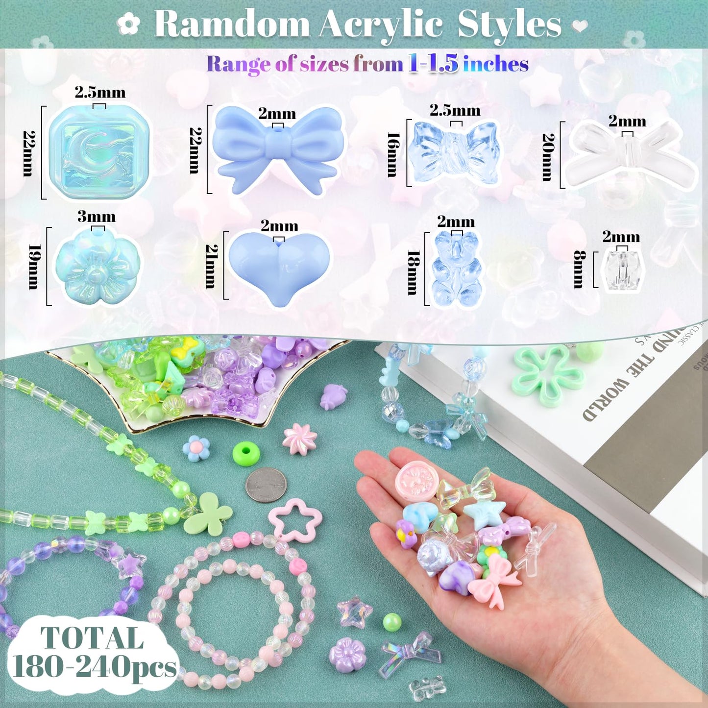 180-240PCS Assorted Acrylic Beads For Bracelet Making, Flower Bow Butterfly Candy Star Heart GummyBear Kawaii Aesthetic Bracelet Charms,Cute Beads For Jewelry Making DIY Necklace Keychain Phone Charms