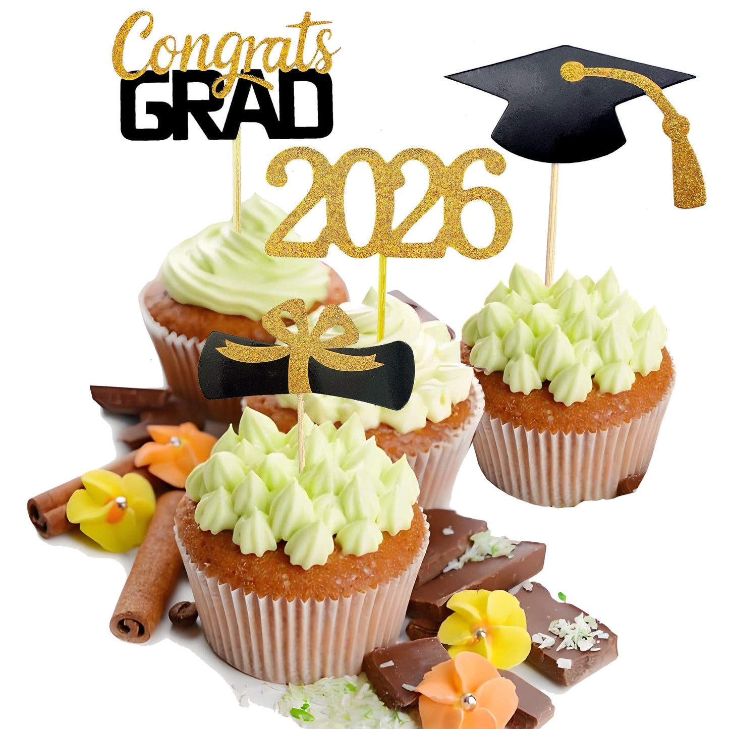 YuBoBo 2026 Graduation Cupcake Toppers, 48 PCS Food/Appetizer Picks For Graduation Party Mini Cake Decorations, Diploma, 2026, Grad Cap Set 48 Pieces (01 Gold)