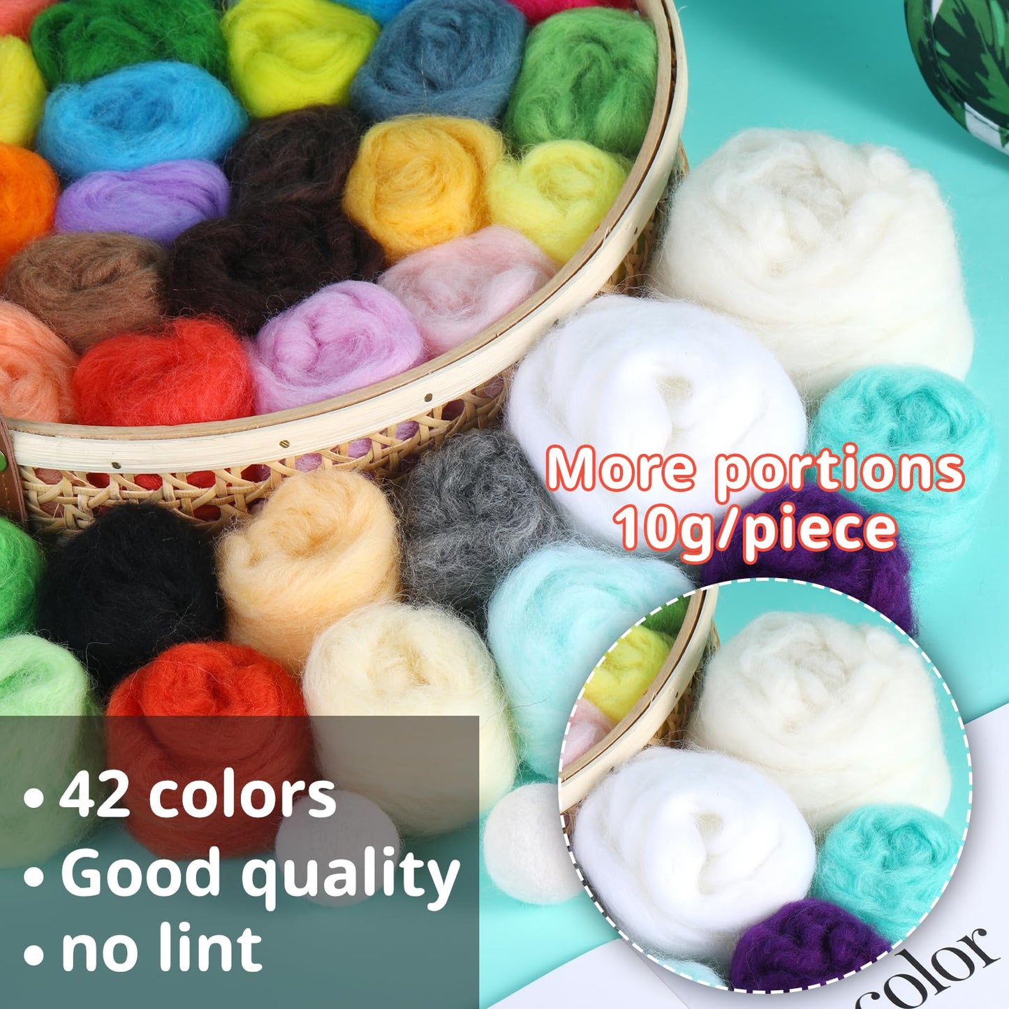 Needle Felting Kit, 42 Colors Wool Roving Starter Kit, Needle Felting Starter Kits, Needle Felting Wool with Felt Tools, Instructions, Green Storage Bag for Felted Animal