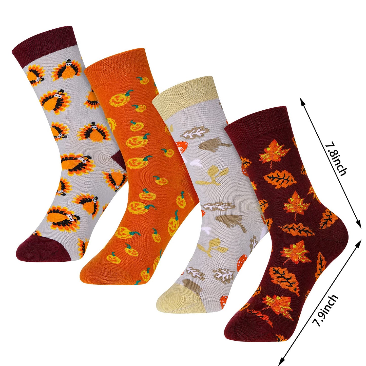 4 Pairs Thanksgiving Autumn Fall Socks Turkey Maple Leaf Pumpkin Mushroom Novelty Crew Socks for Women Men (Classic Warm Color)