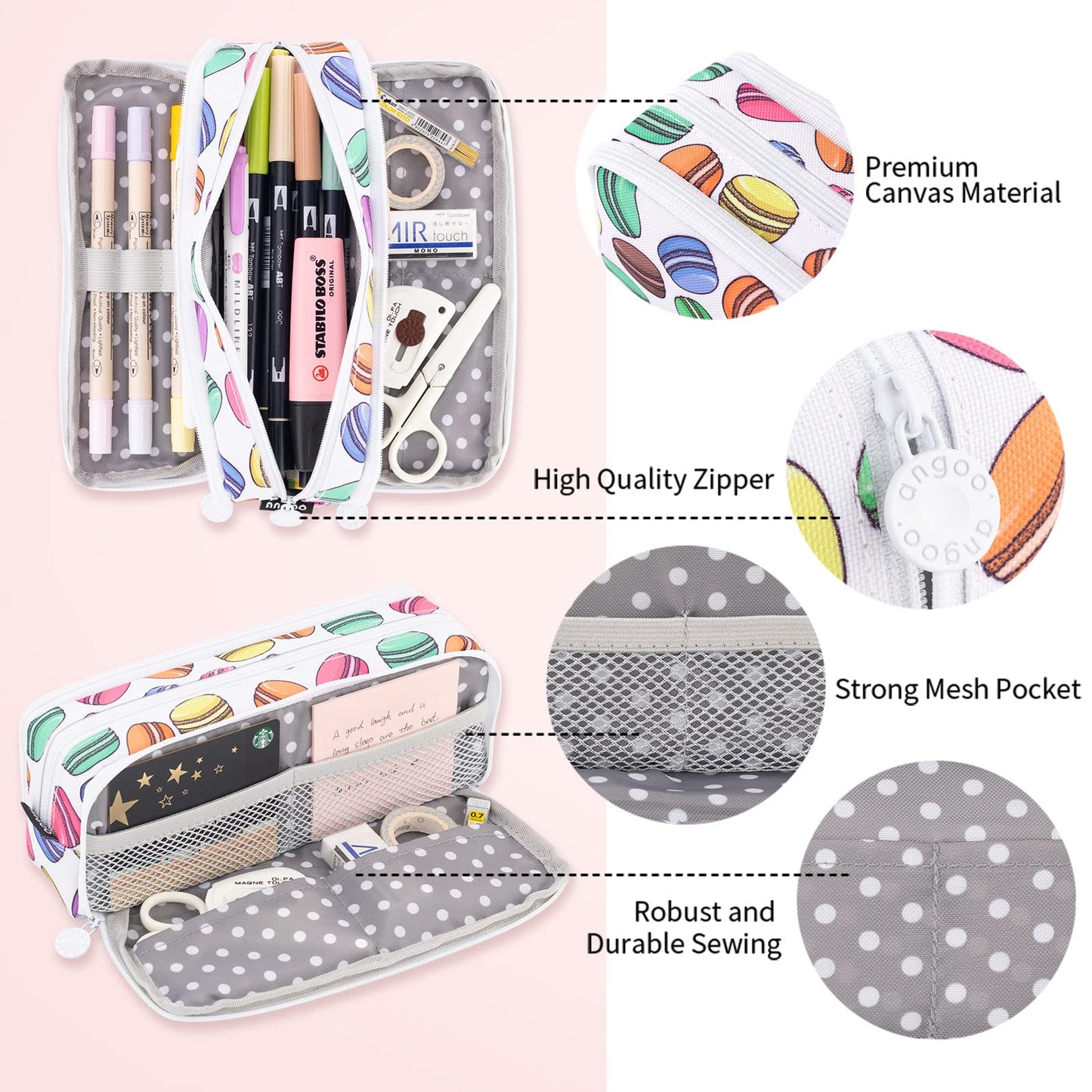 ANGOOBABY Large Pencil Case Big Capacity 3 Compartments Canvas Pencil Pouch for Teen Boys Girls School Students (White Macaron)