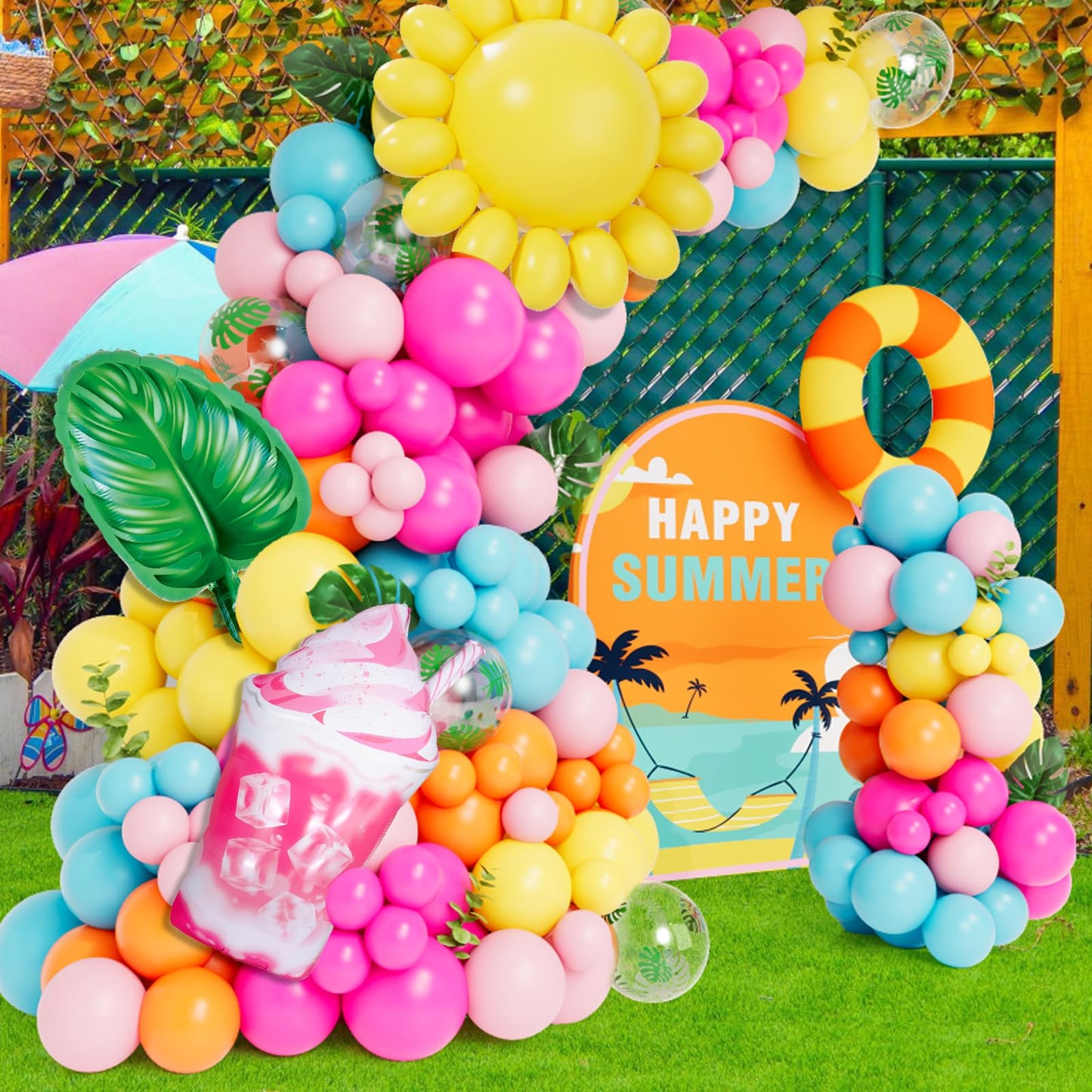 DBKL Tropical Balloon Arch Garland Kit, Luau Hawaiian Party Decorations, Rose Orange Yellow Blue Green Palm Leaves Balloons for Tropical Hawaiian Summer Birthday Pool Party Supplies