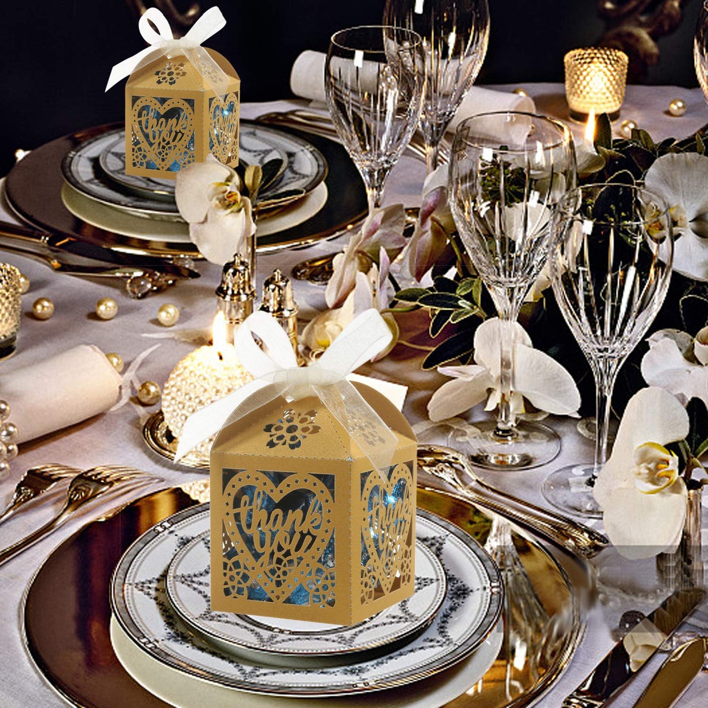 COTOPHER Laser Cut Boxes, 100pcs Thank You Gift Boxes Wedding Party Favor Boxes Lace Candy Boxes for Wedding Bridal Shower Baby Shower Birthday Party Decorations with Ribbons (2x2x2.75inch, Gold, 100)