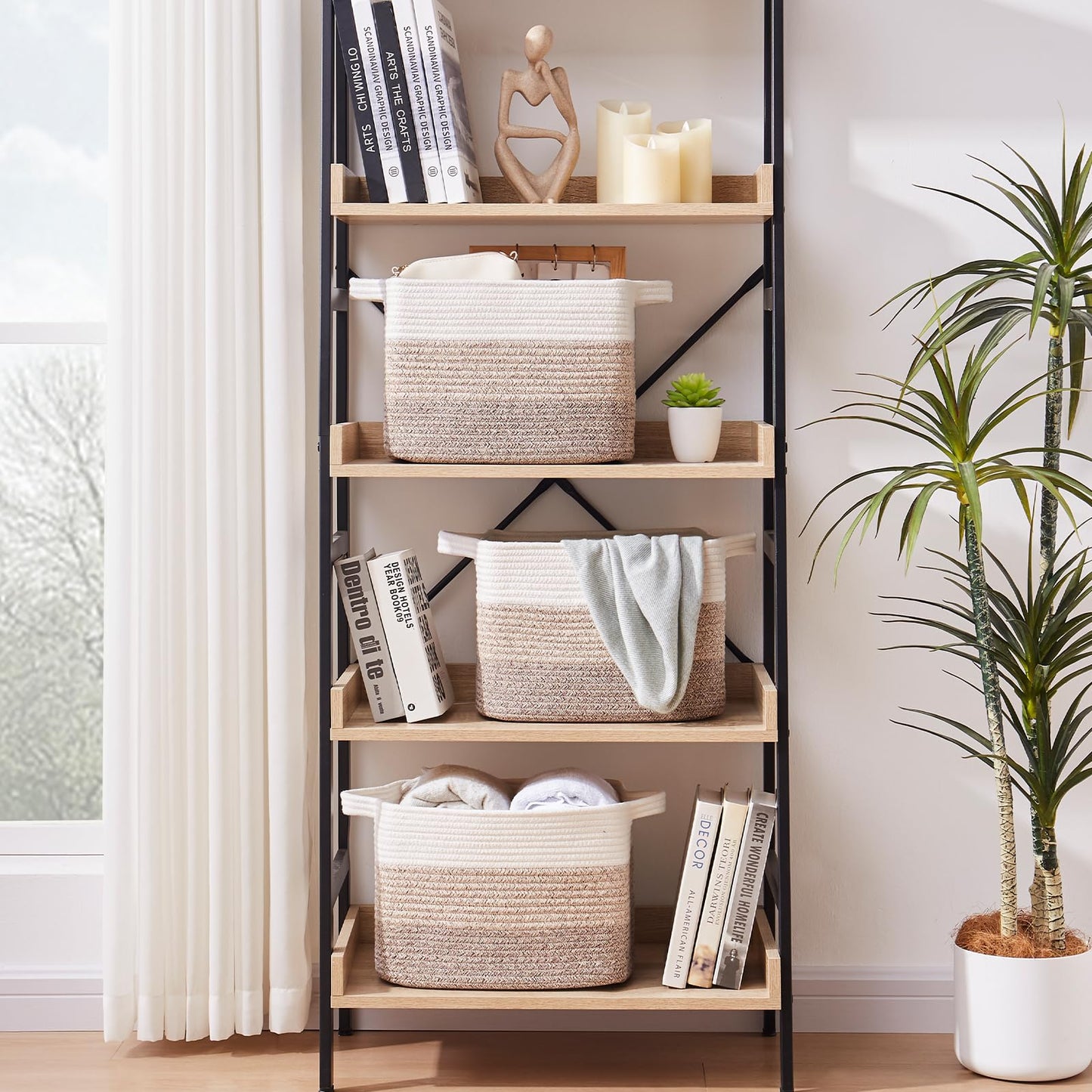 OIAHOMY Cotton Rope Storage Basket for Shelves, Baskets for Organizing, Rectangle Storage Bins with Handles, Woven Toy Baskets for Nursery Room, 13×9.85"×8.7", Brown