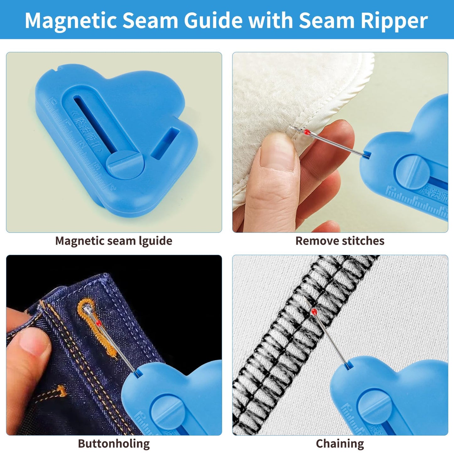 Magnetic Seam Guide for Sewing Machine with Seam Ripper Thread Remover Tool Multifucntional Magnetic Sewing Guide Hemmer with Scale Universal Sewing Supplies and Accessories (Blue)