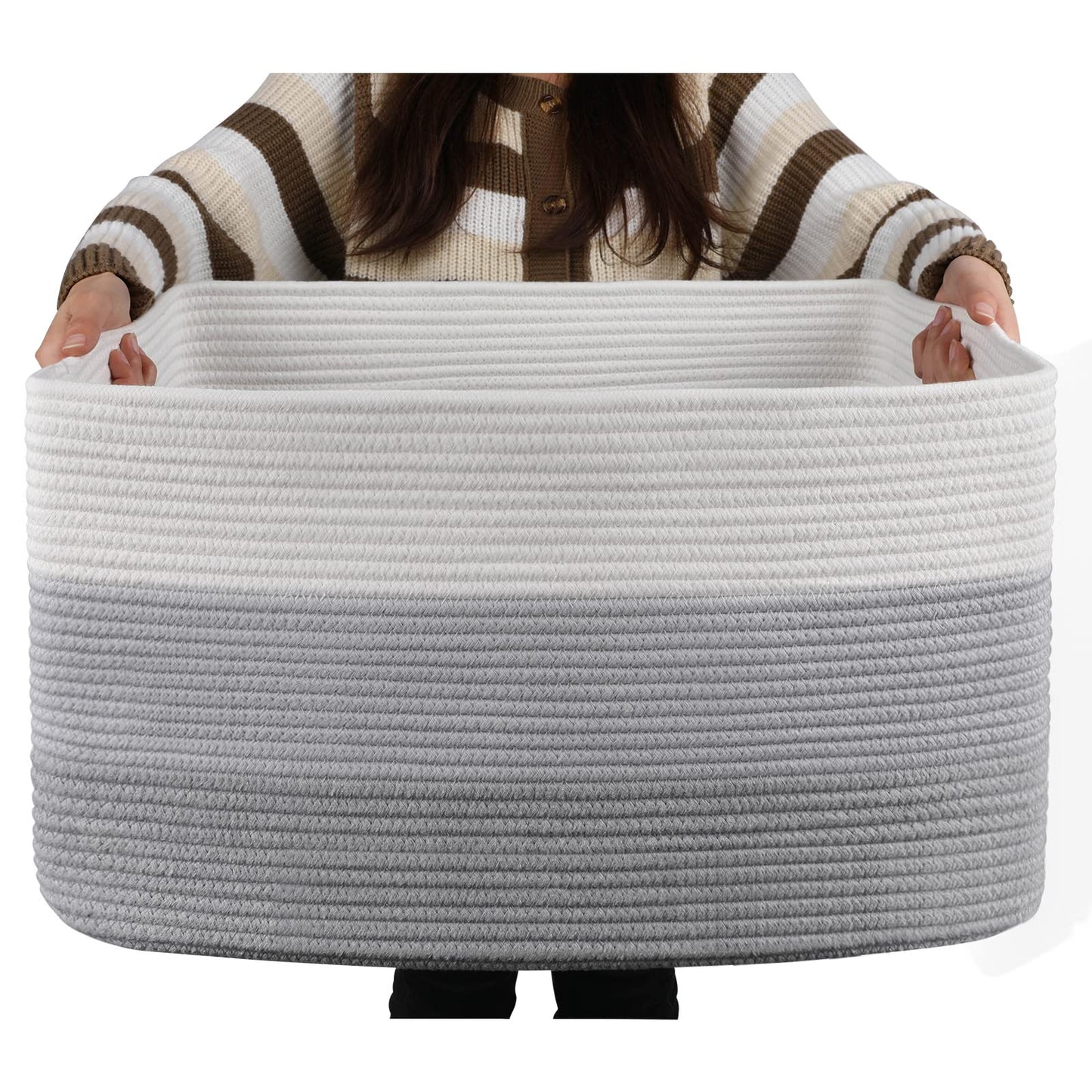 OIAHOMY Large Blanket Basket, 22”x17”x12” Rectangle Woven Baskets, Nursery Blanket Storage Living Room, Toy Storage With Handle, Large Baskets for Organizing-Gradient Grey