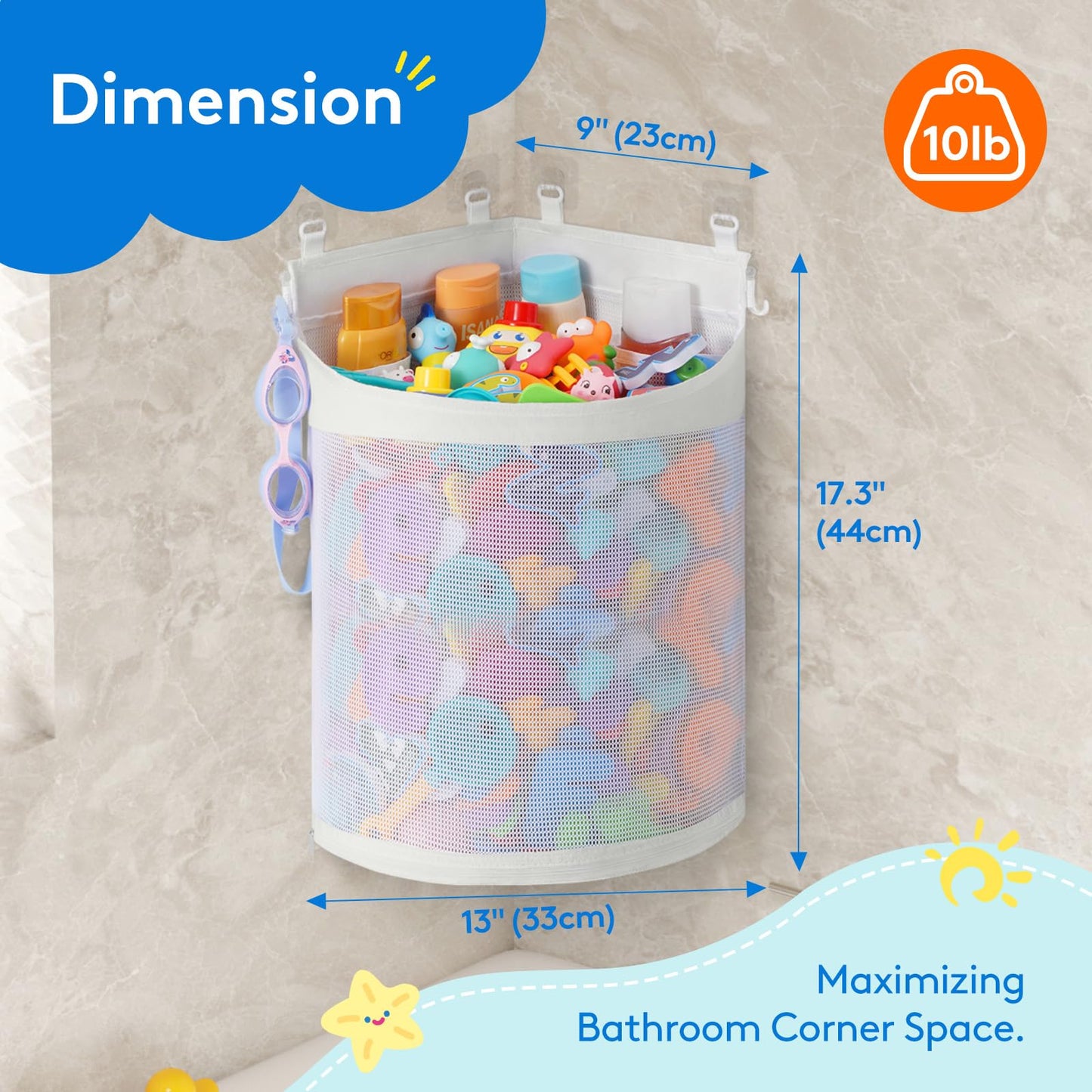 Bath Toy Storage Holder, Mesh Shower Caddy for Bathtub Toy Organizer, Corner Hang-Suspension Shower Toy Holder, Bath Toy Basket with 4 Adhesive Hooks for Kids, Toddlers, Large, White