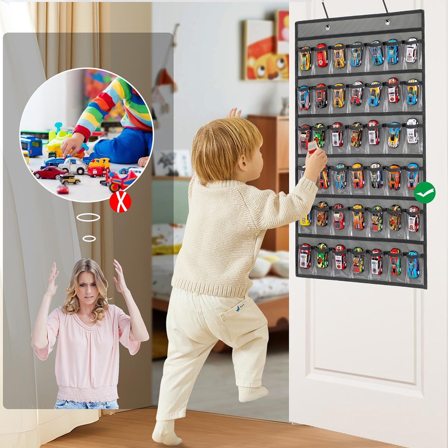 Toy Car Storage Organizer Hanging Toy Wheels Cars Holder Matchbox Cars Display Case with 42 Clear Pockets (One Side-Grey)