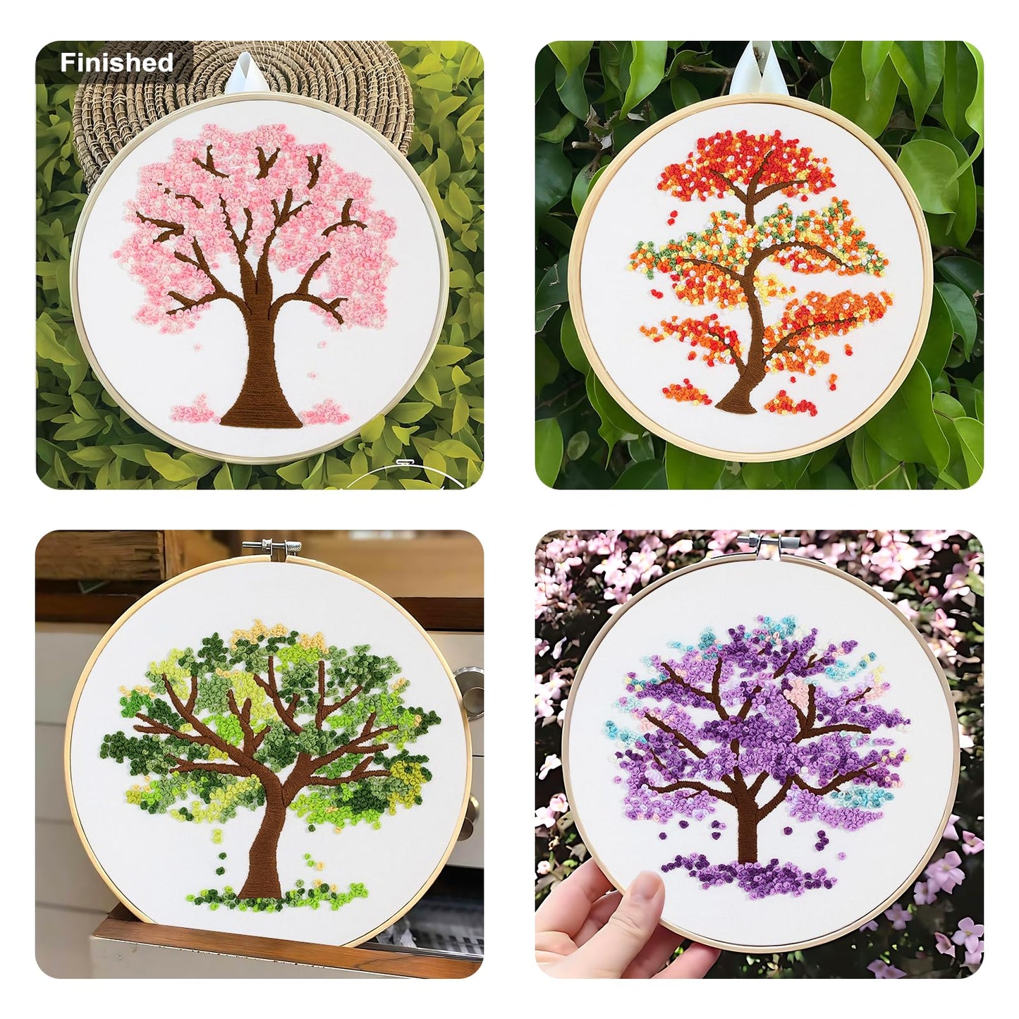 Embroidery Starter Kit for Beginners, 4 Sets Stamped Cross Stitch Kits for Adult, Seasonal Tree Pattern Hand DIY Kits with 2 Embroidery Hoop Instructions Color Threads Needles and Scissor