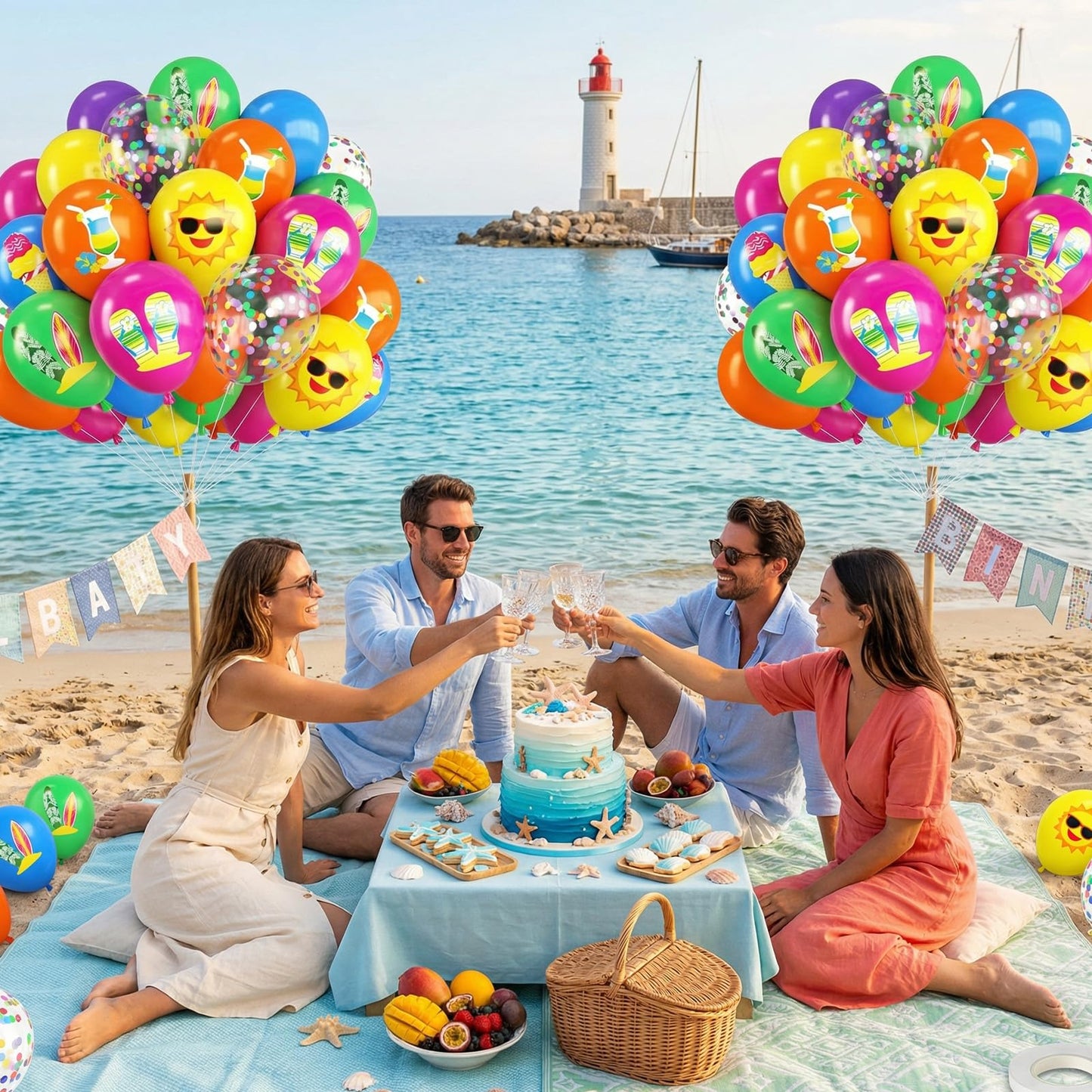 Rainbow Summer Balloons,12 Inch Hot Pink Orange Blue Green Rainbow Beach Printed Balloon with Ribbon,for Summer Beach Birthday Party Decorations