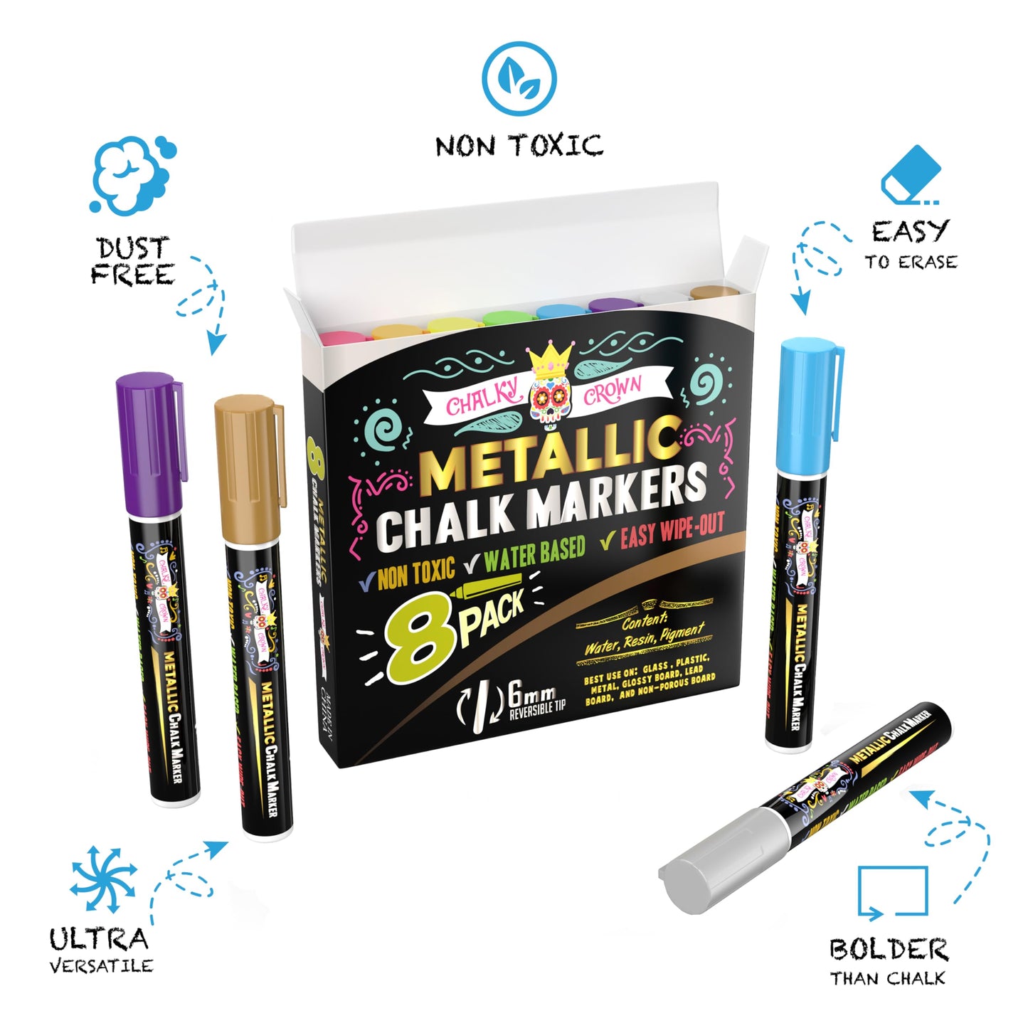 CHALKY CROWN Metallic Liquid Chalk Markers - 8 Pack with Reversible Bullet and Chisel Tips - Dust Free, Erasable, Non-Toxic - Ideal for Blackboards, Windows, and Glass - Writing Tools